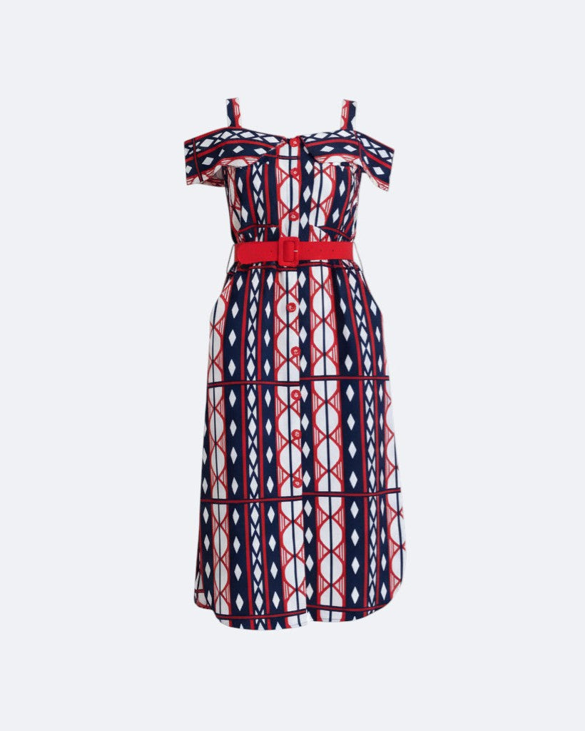 Dress with geometric pattern and red belt on a white background