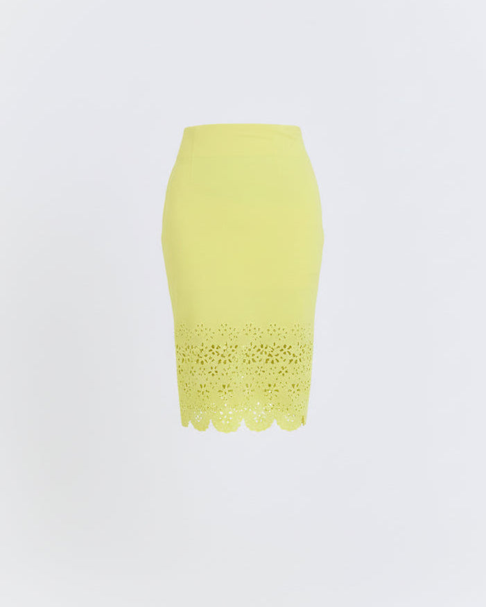 Yellow pencil skirt with lace detail on a light gray background