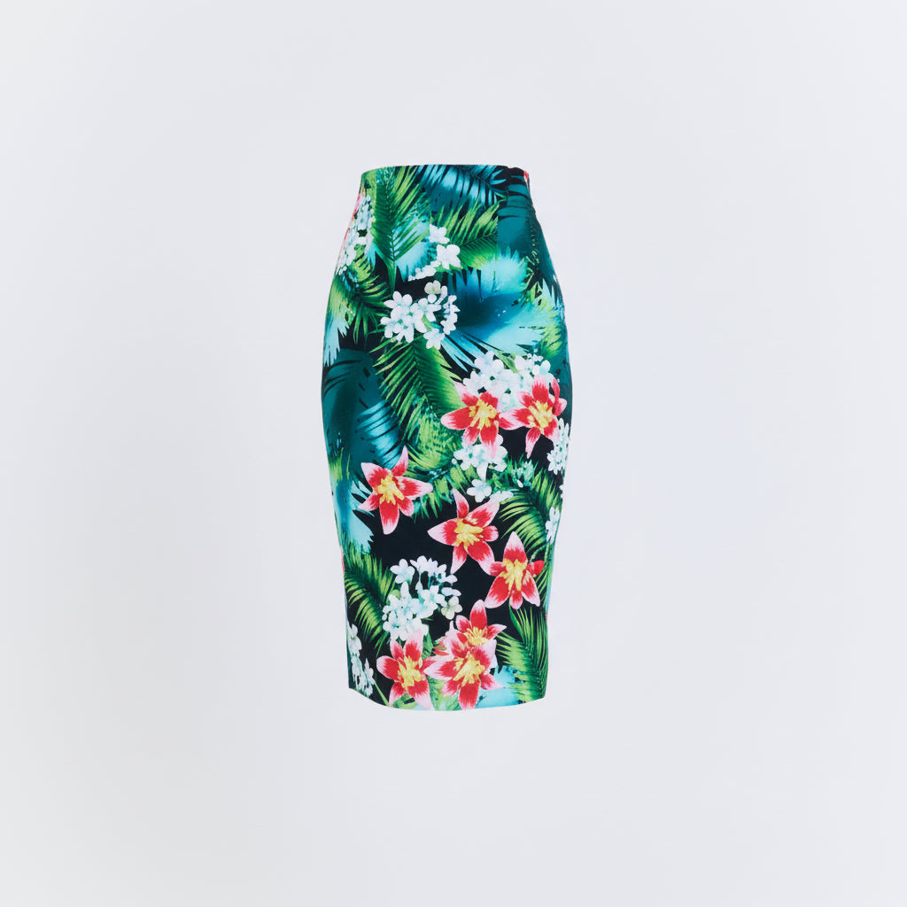 Tropical floral pencil skirt on a light gray background