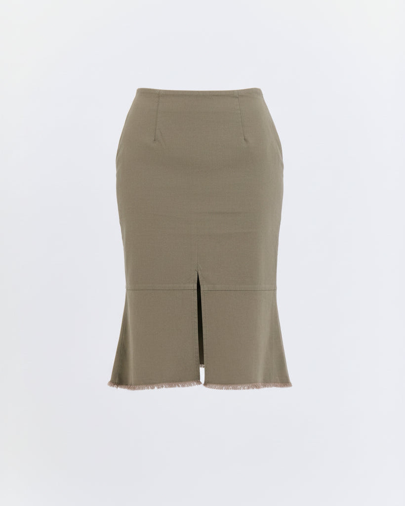 Raw-Edge Slit Mermaid Skirt (Olive)