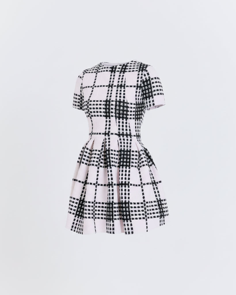 Black and white checkered dress on a light gray background