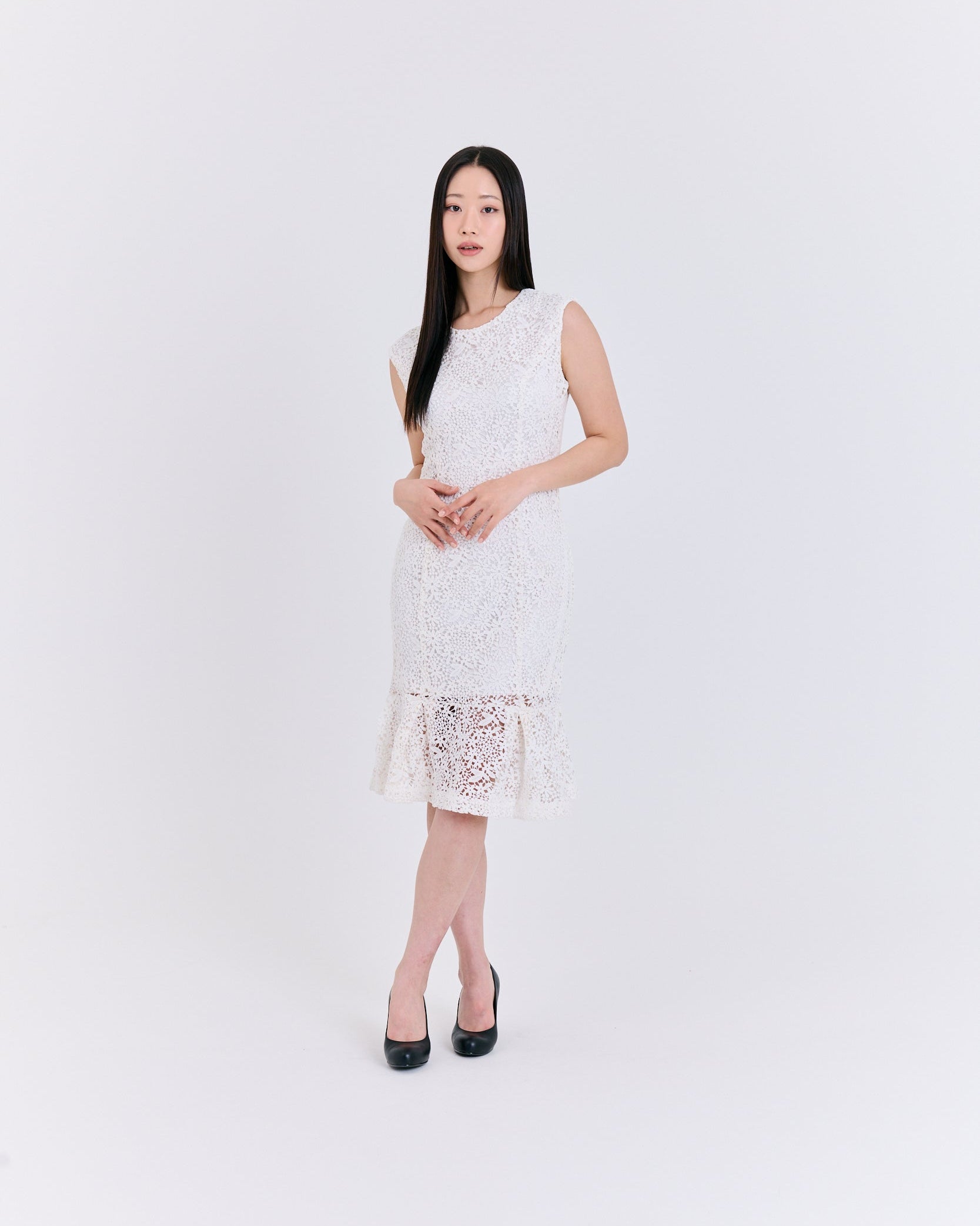 Ethereal Floral Lace Mermaid Dress (White)