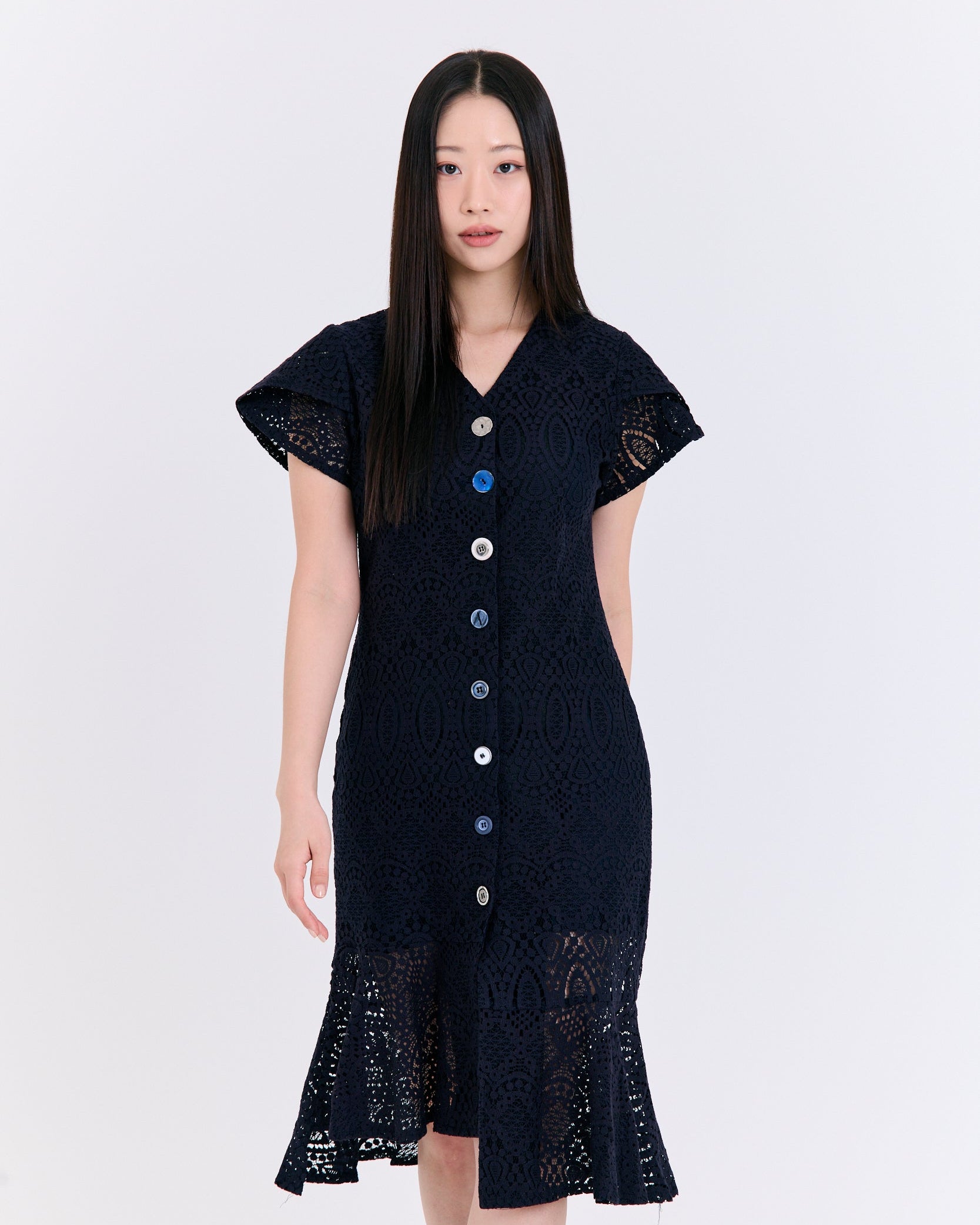 Graceful Lace Button-Down Mermaid Dress (Navy)