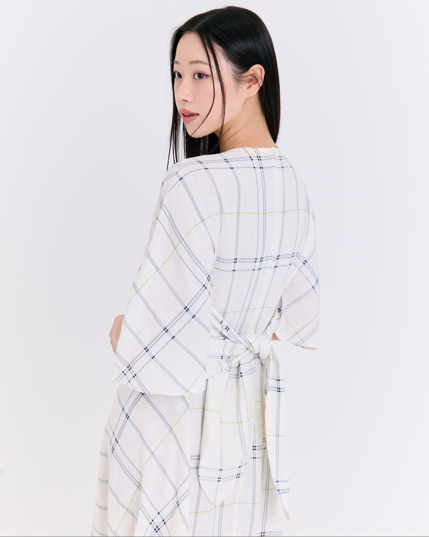 Natural Linen Windowpane Plaid Dress with Back Tie
