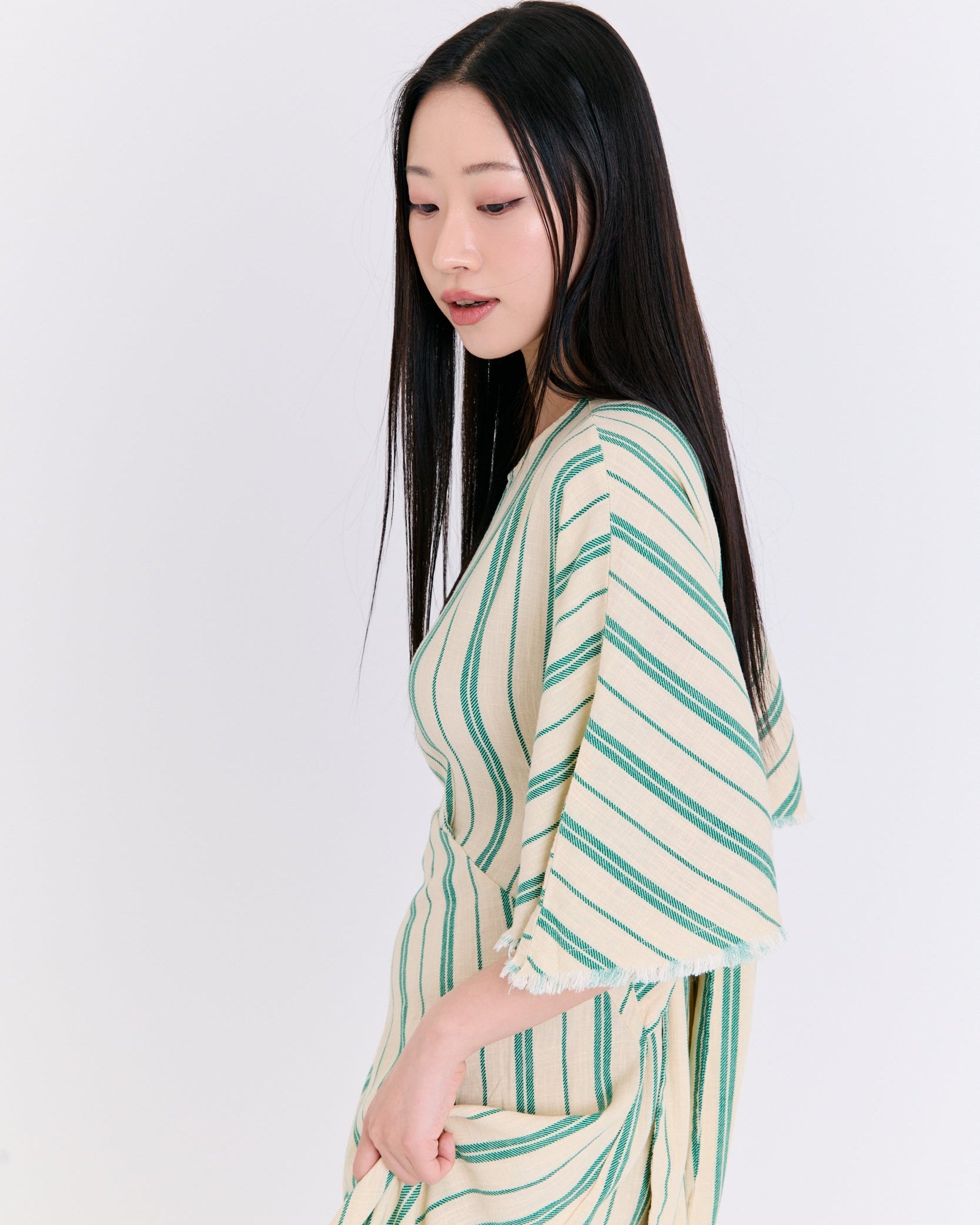 Sage Green Stripe Chevron Asymmetric High-Low Dress