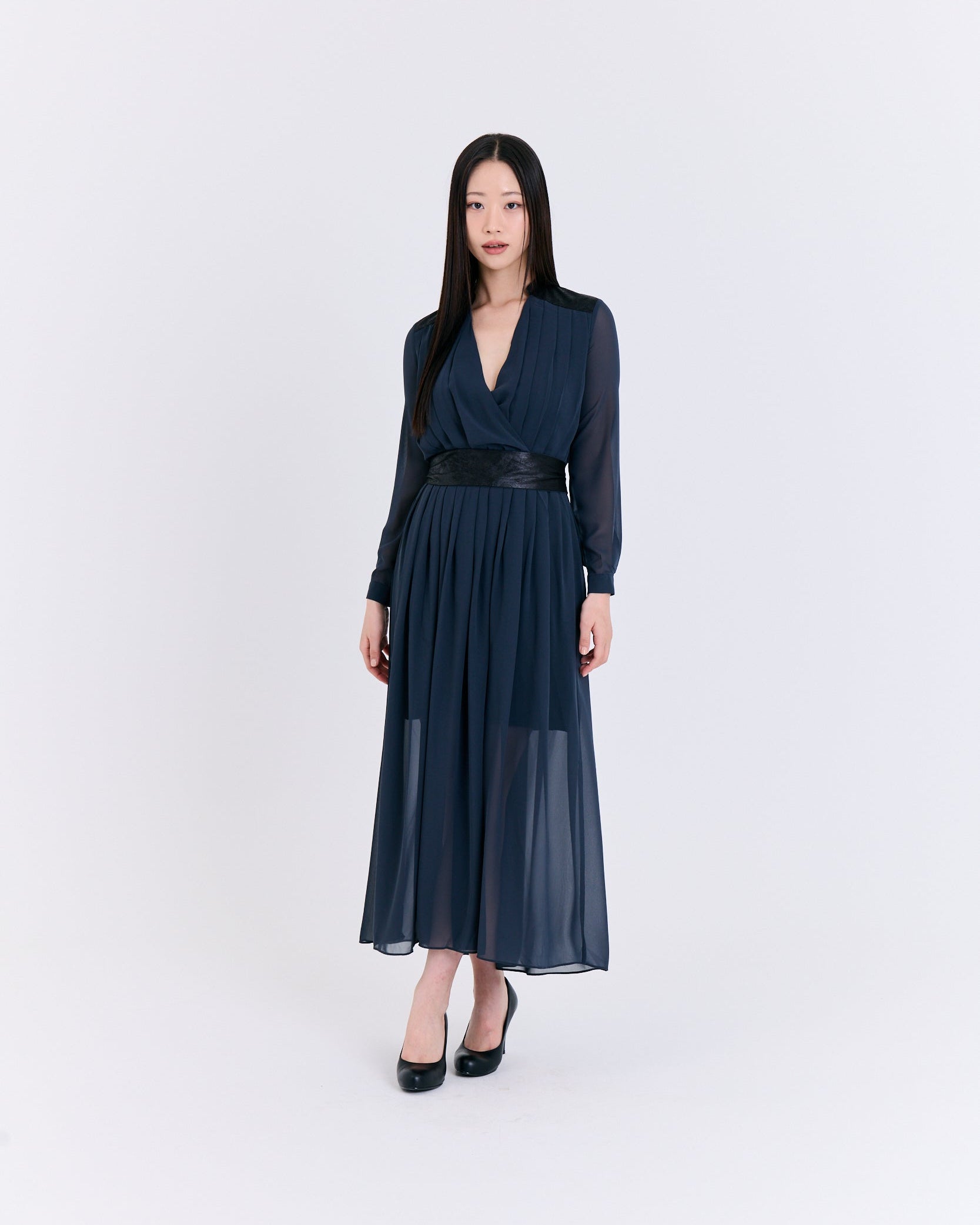 Midnight Chiffon Pleated Dress (Leather Trim Detail)