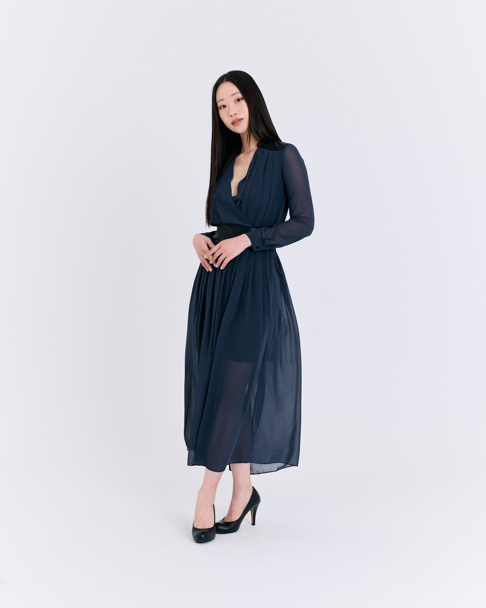 Midnight Chiffon Pleated Dress (Leather Trim Detail)