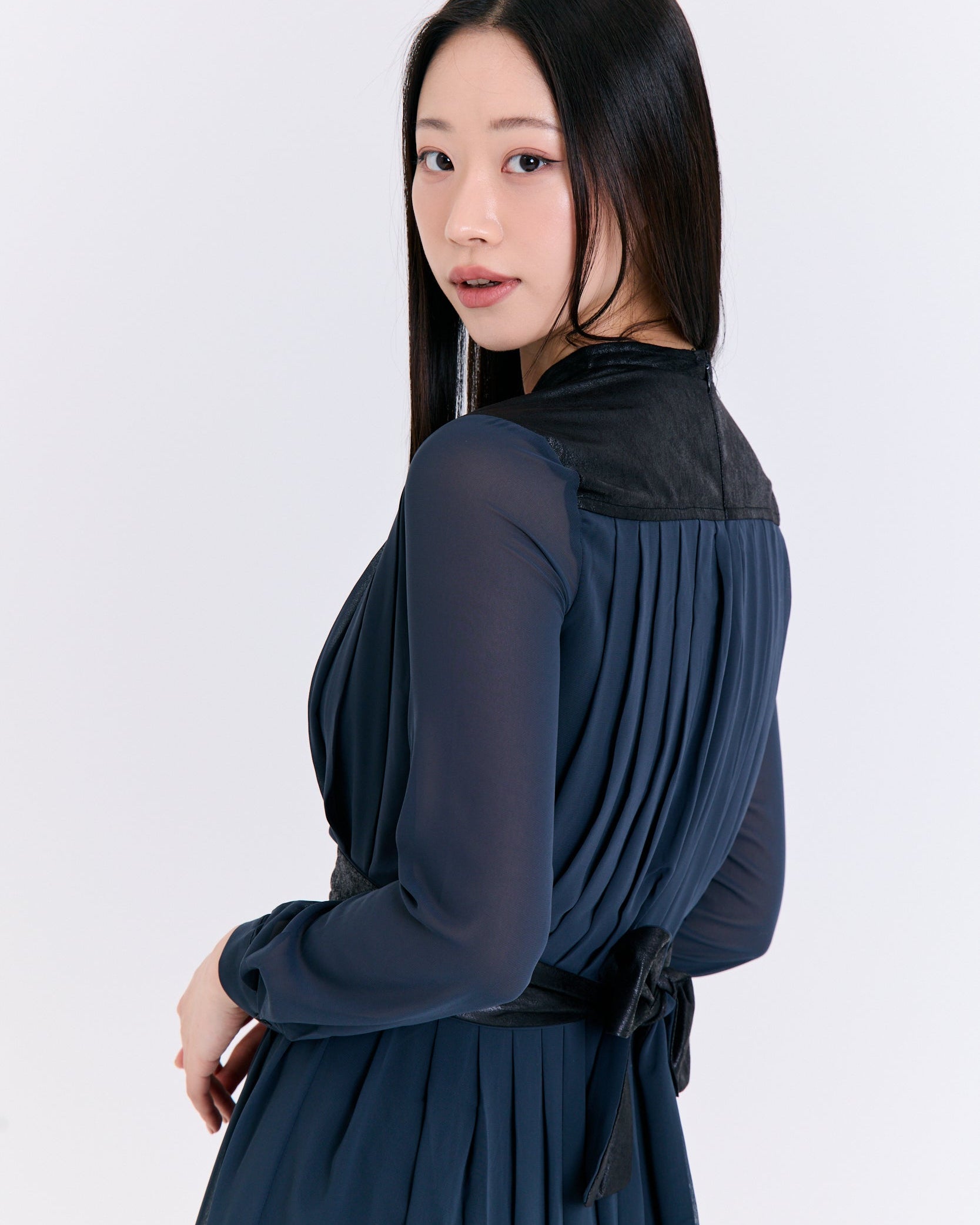 Midnight Chiffon Pleated Dress (Leather Trim Detail)