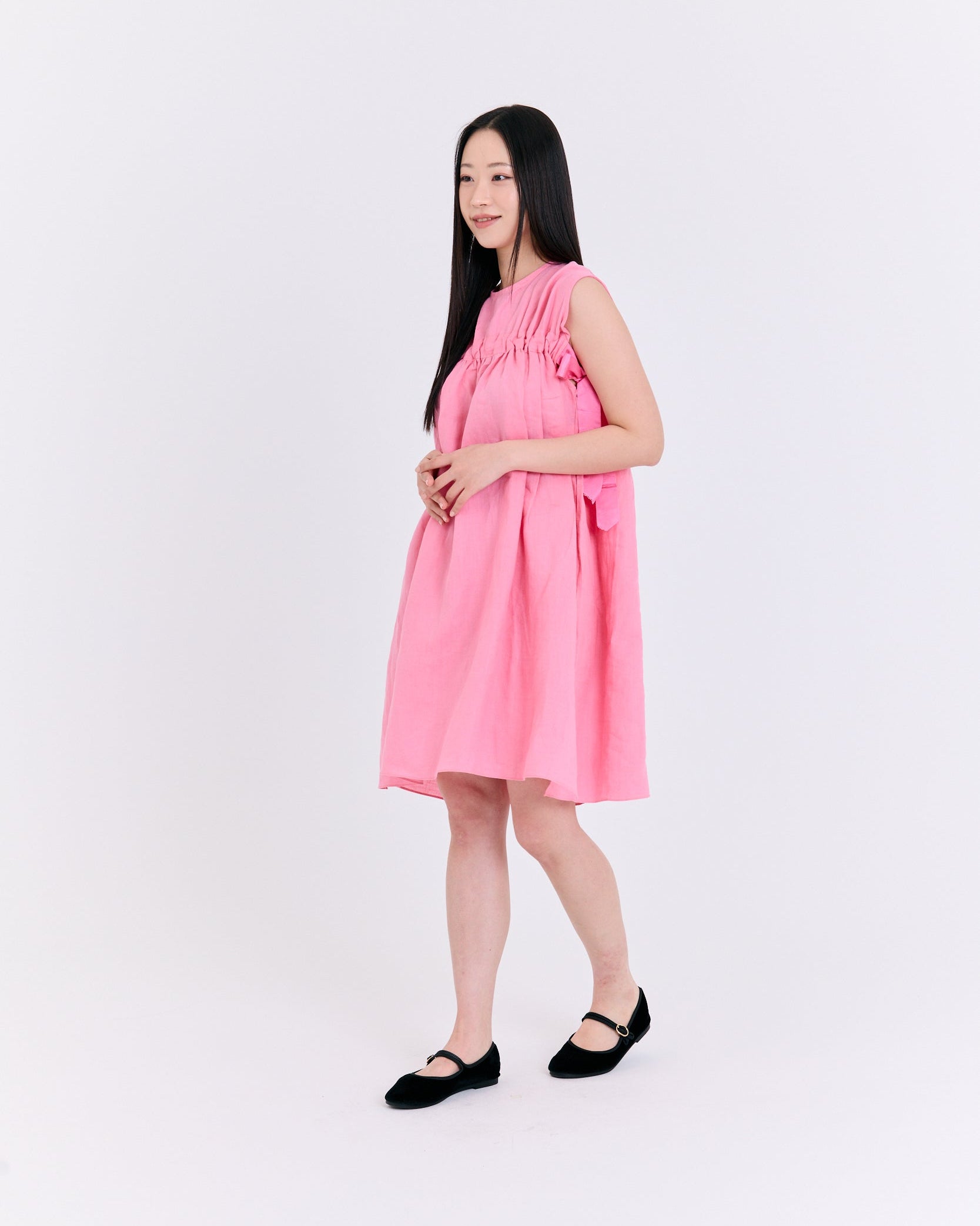 Vibrant Pink Linen Shirred Dress (Pink)