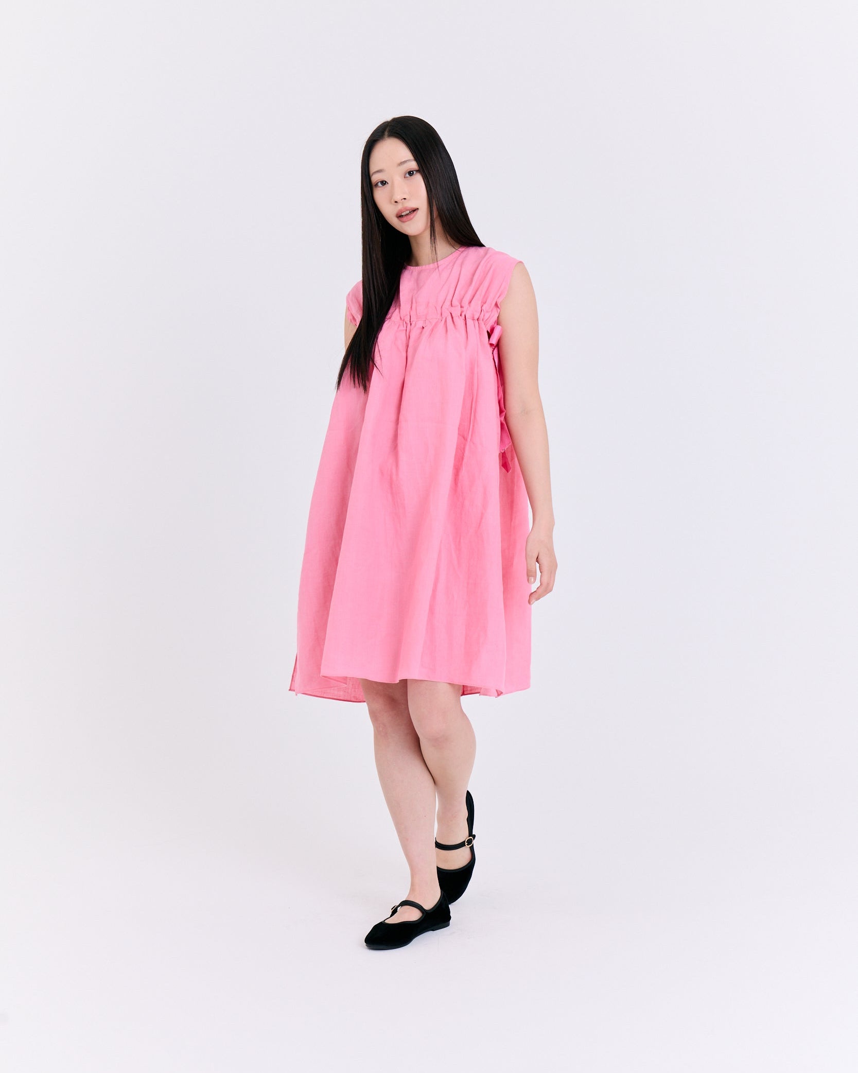 Vibrant Pink Linen Shirred Dress (Pink)