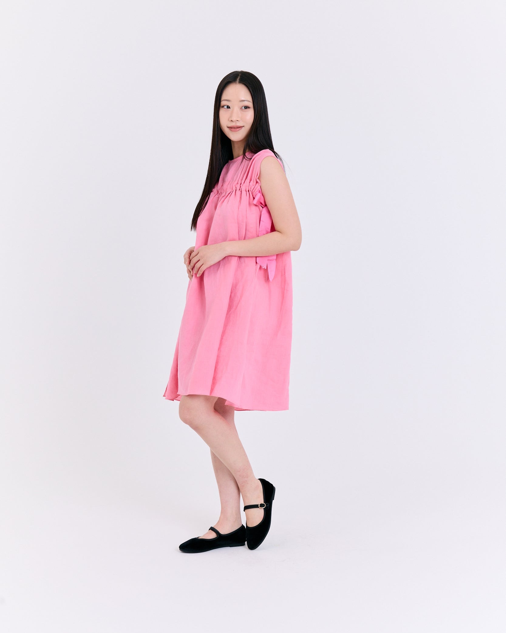Vibrant Pink Linen Shirred Dress (Pink)