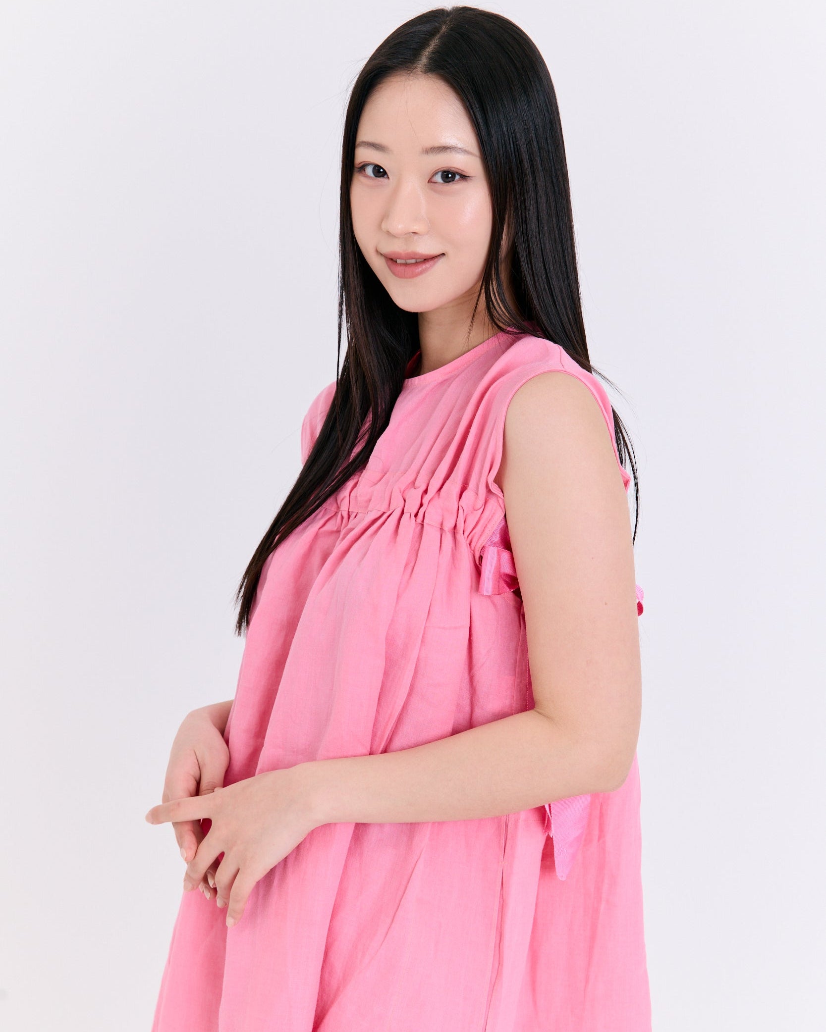 Vibrant Pink Linen Shirred Dress (Pink)