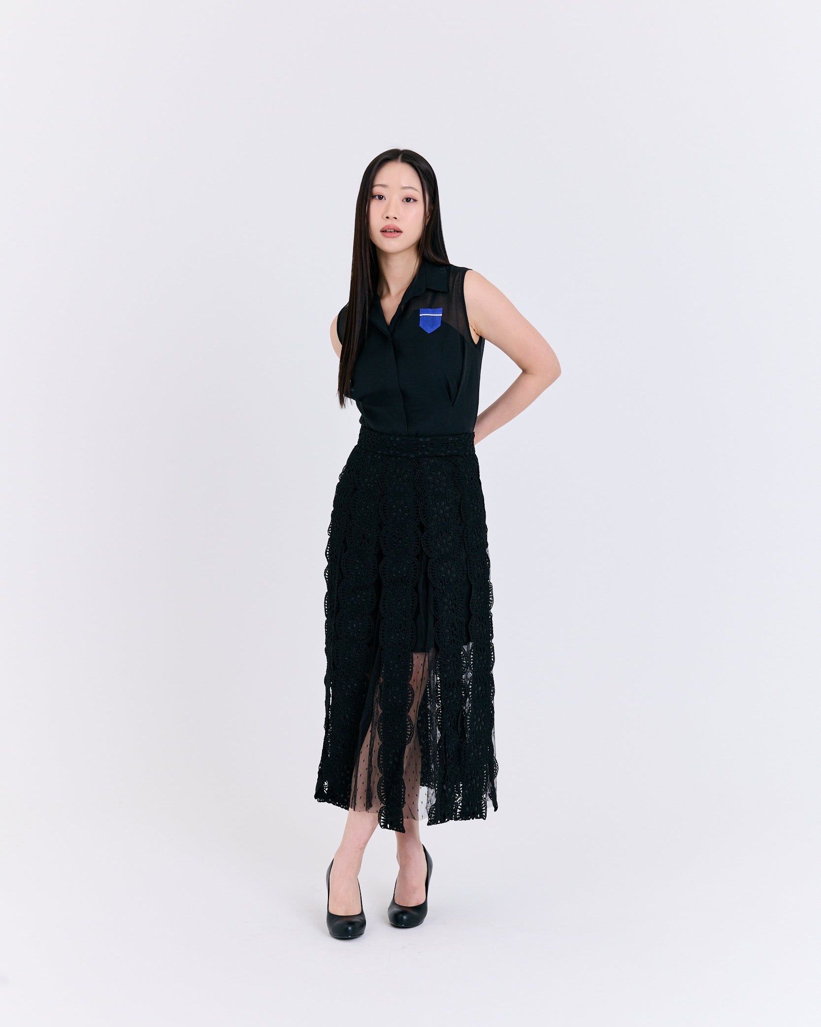 Modern Black Sheer Sleeveless Blouse with Blue Detail