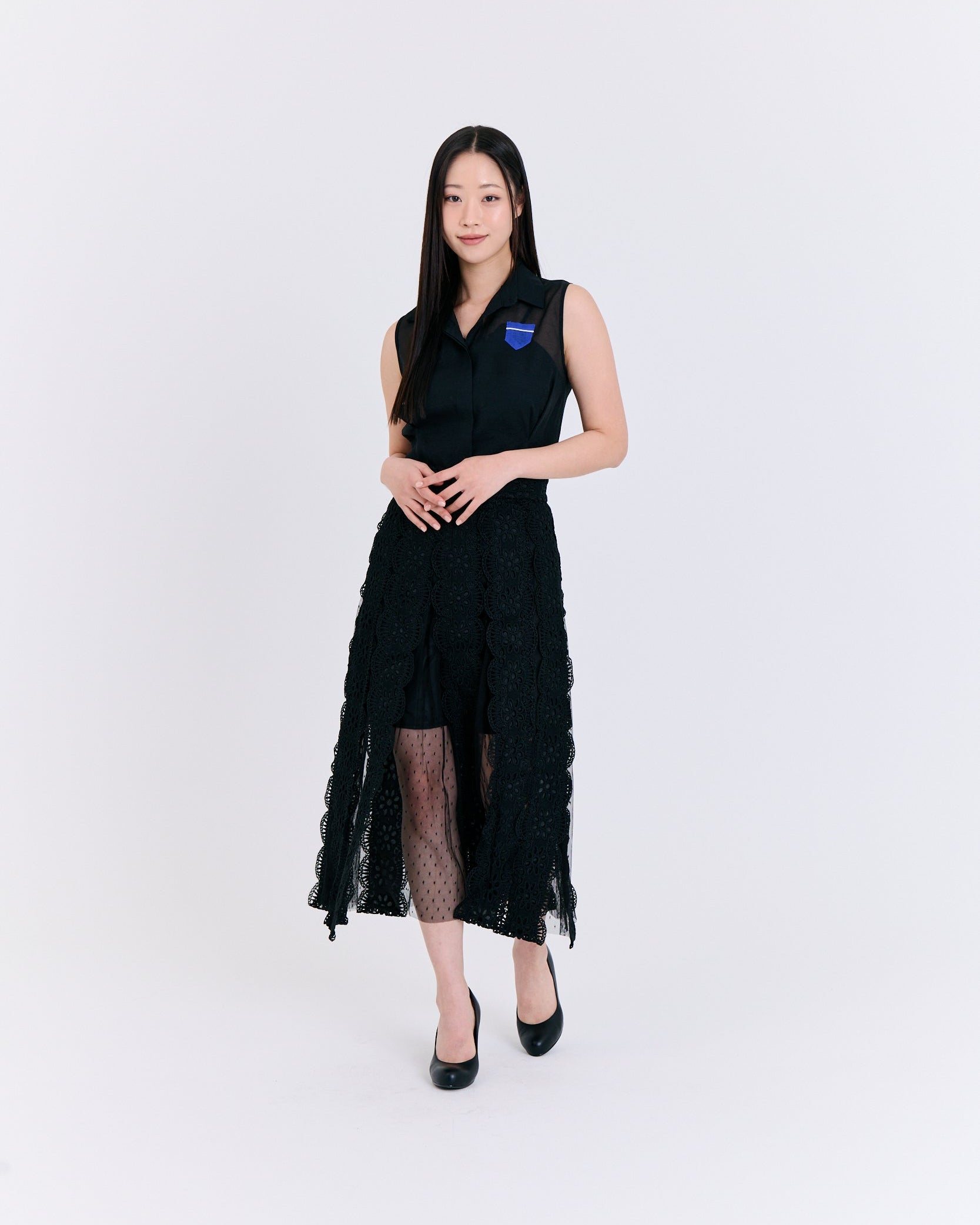 Modern Black Sheer Sleeveless Blouse with Blue Detail