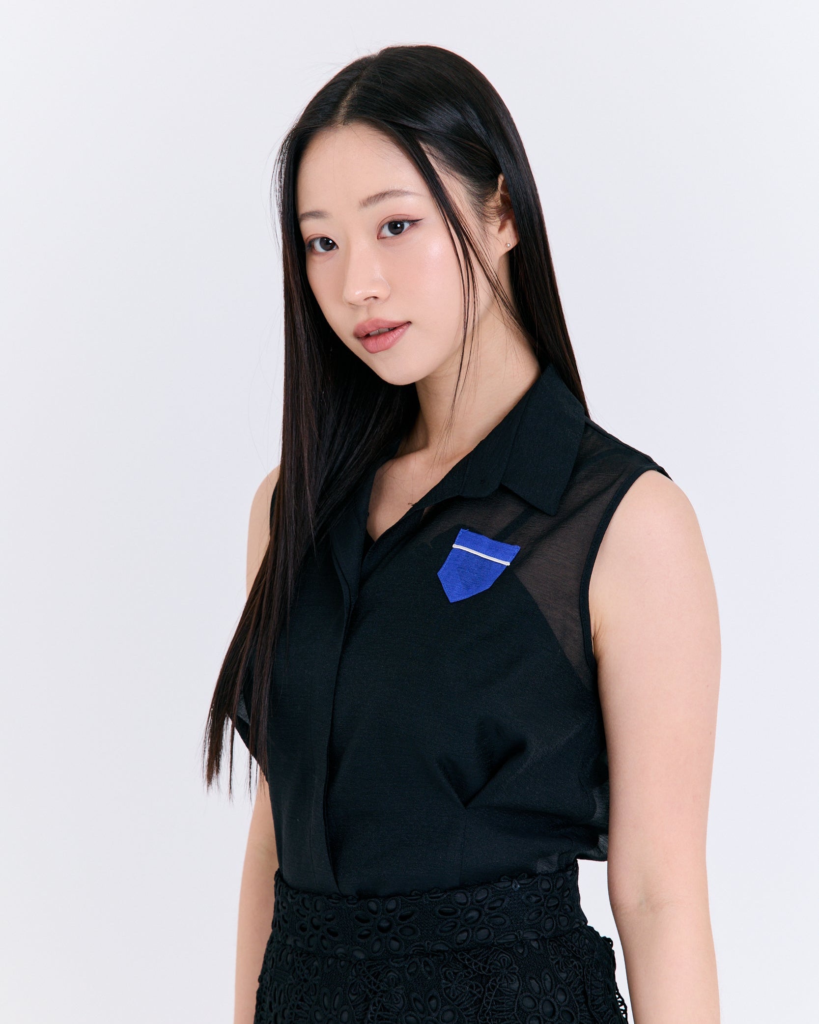 Modern Black Sheer Sleeveless Blouse with Blue Detail