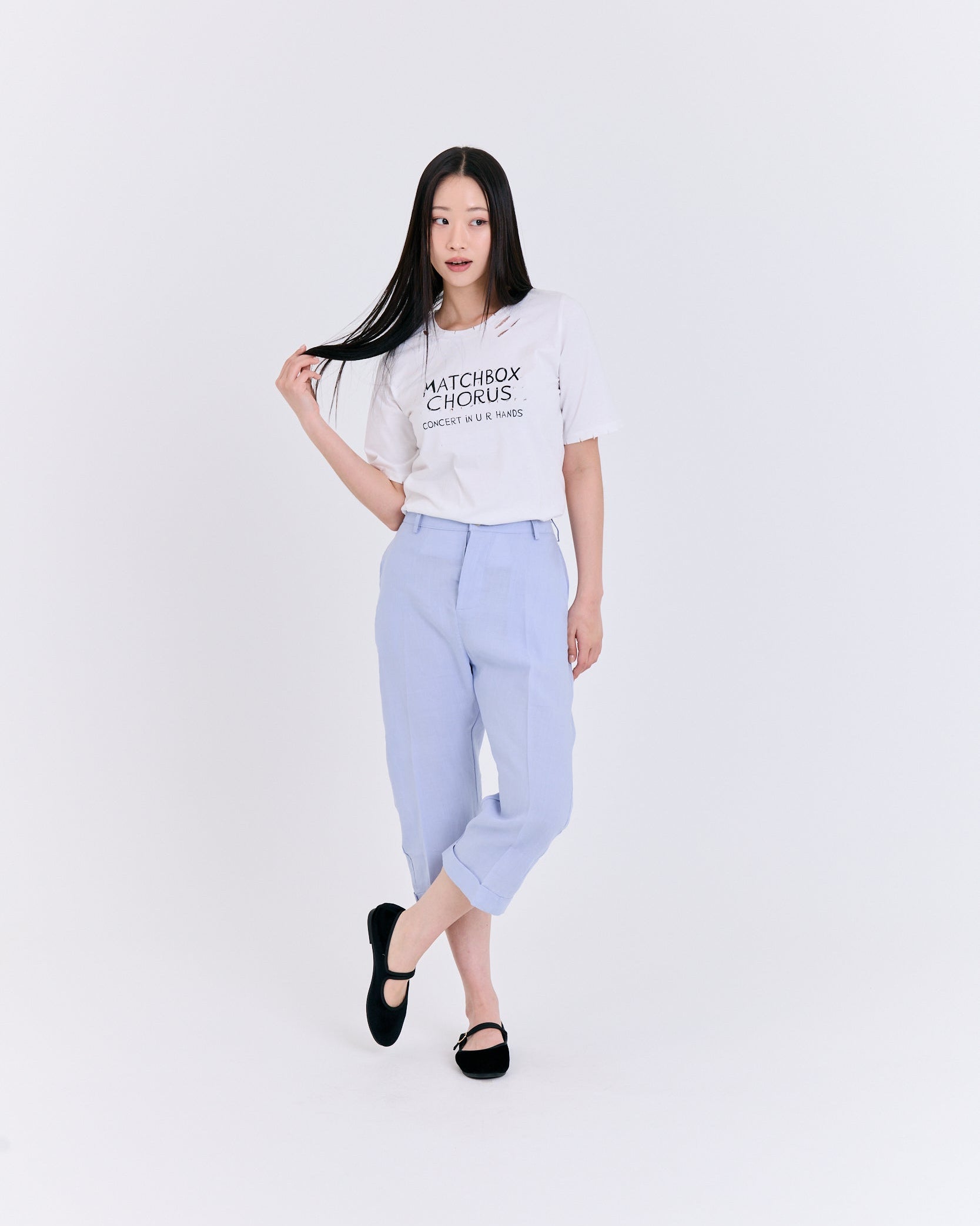 Airy Linen-Texture Cropped Pants (Light Blue)