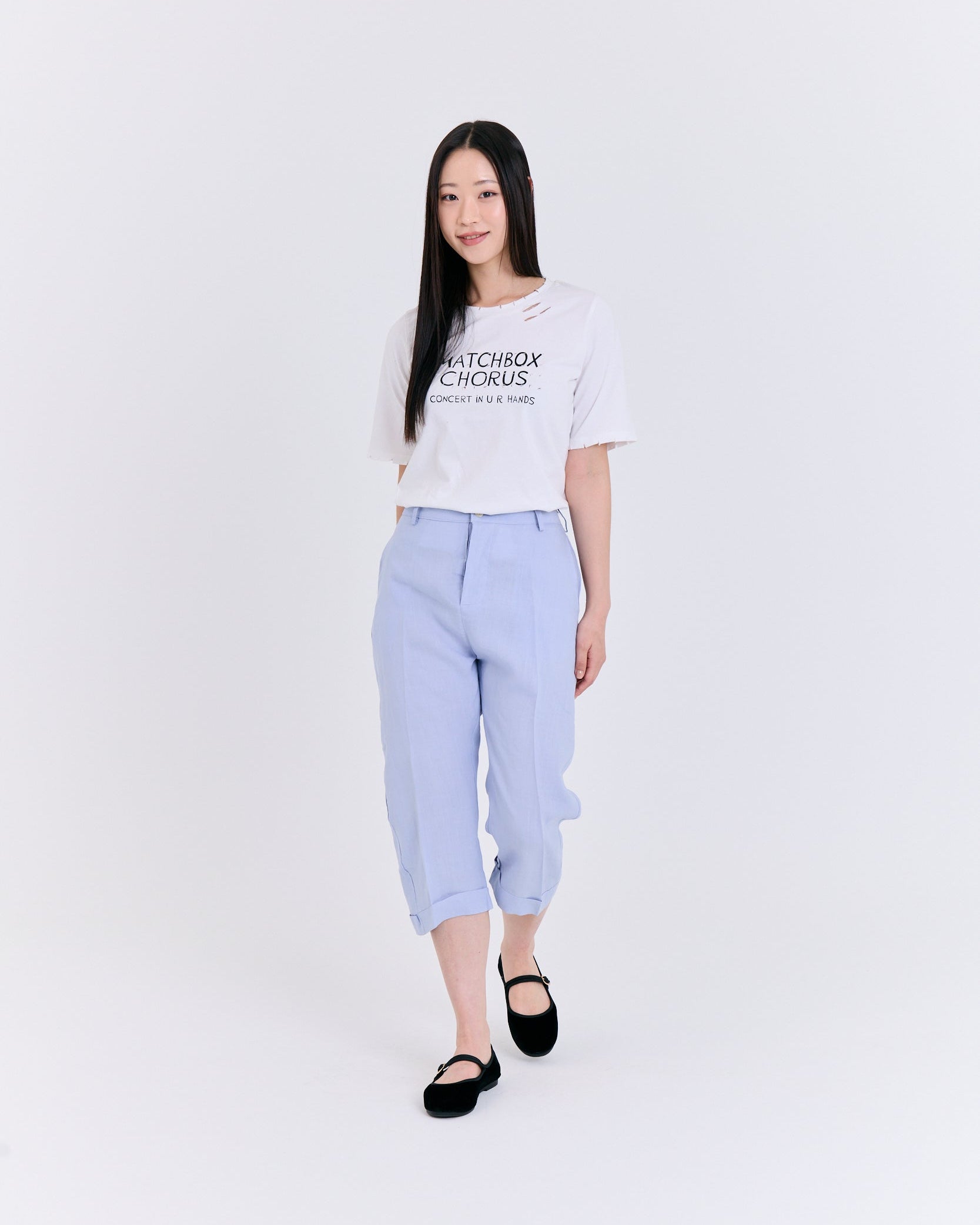 Airy Linen-Texture Cropped Pants (Light Blue)