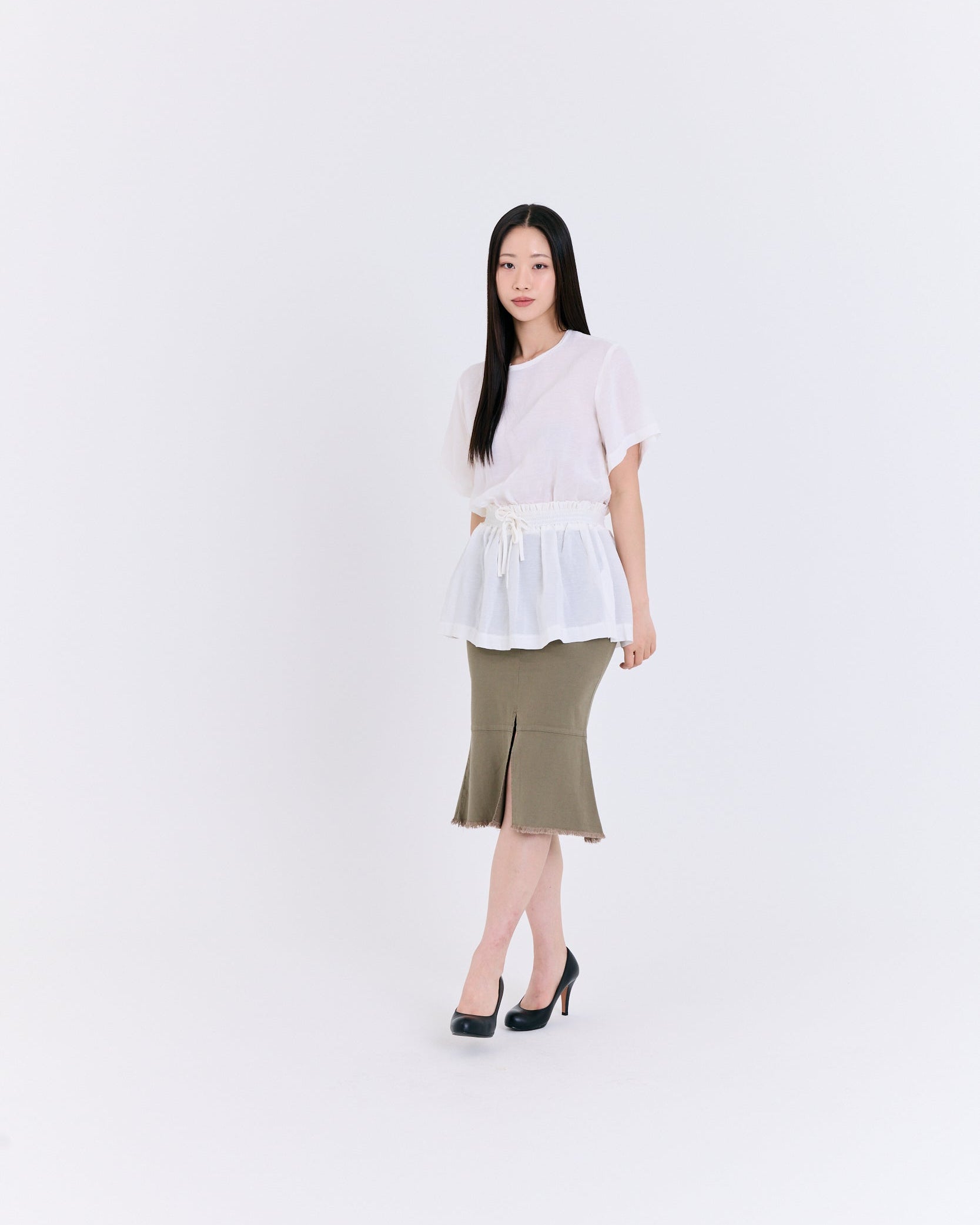 Airy Peplum Drawstring Top (White)