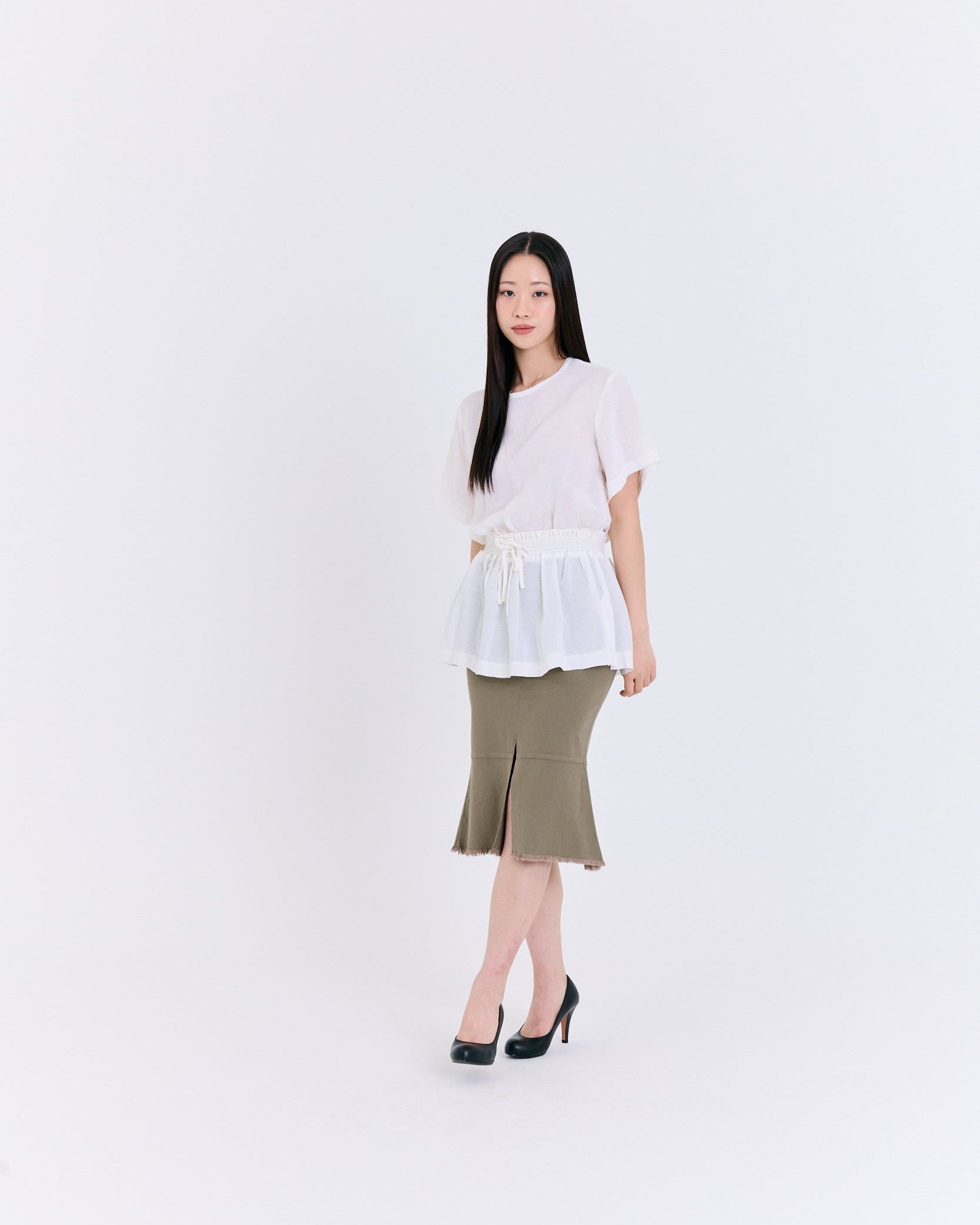 Raw-Edge Slit Mermaid Skirt (Olive)