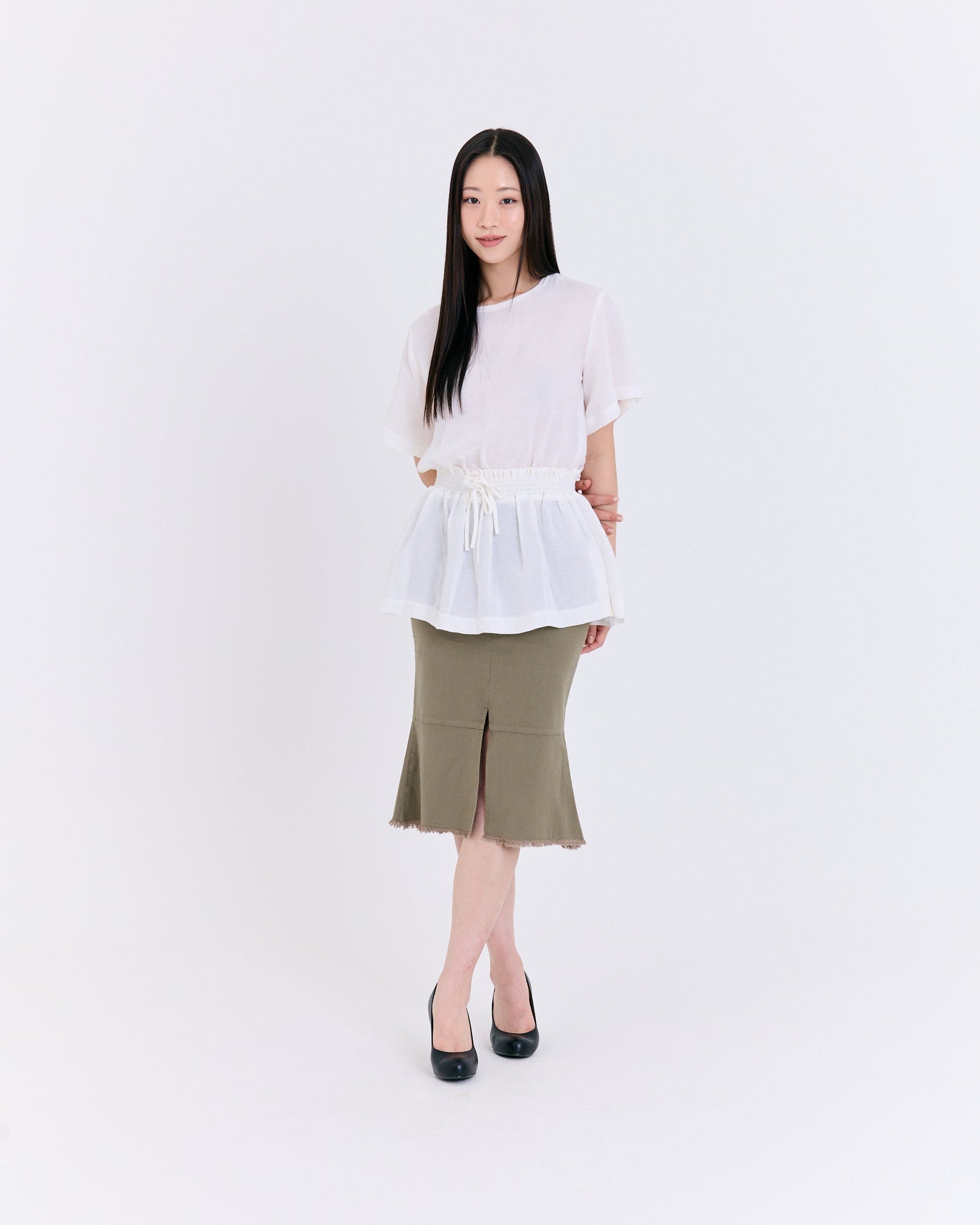 Raw-Edge Slit Mermaid Skirt (Olive)