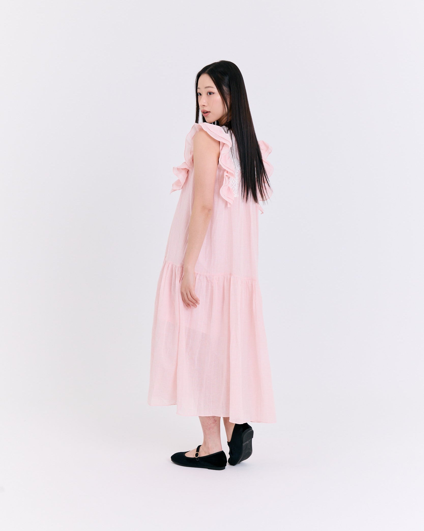 Peony Lace Ruffle Long Dress (Pink)
