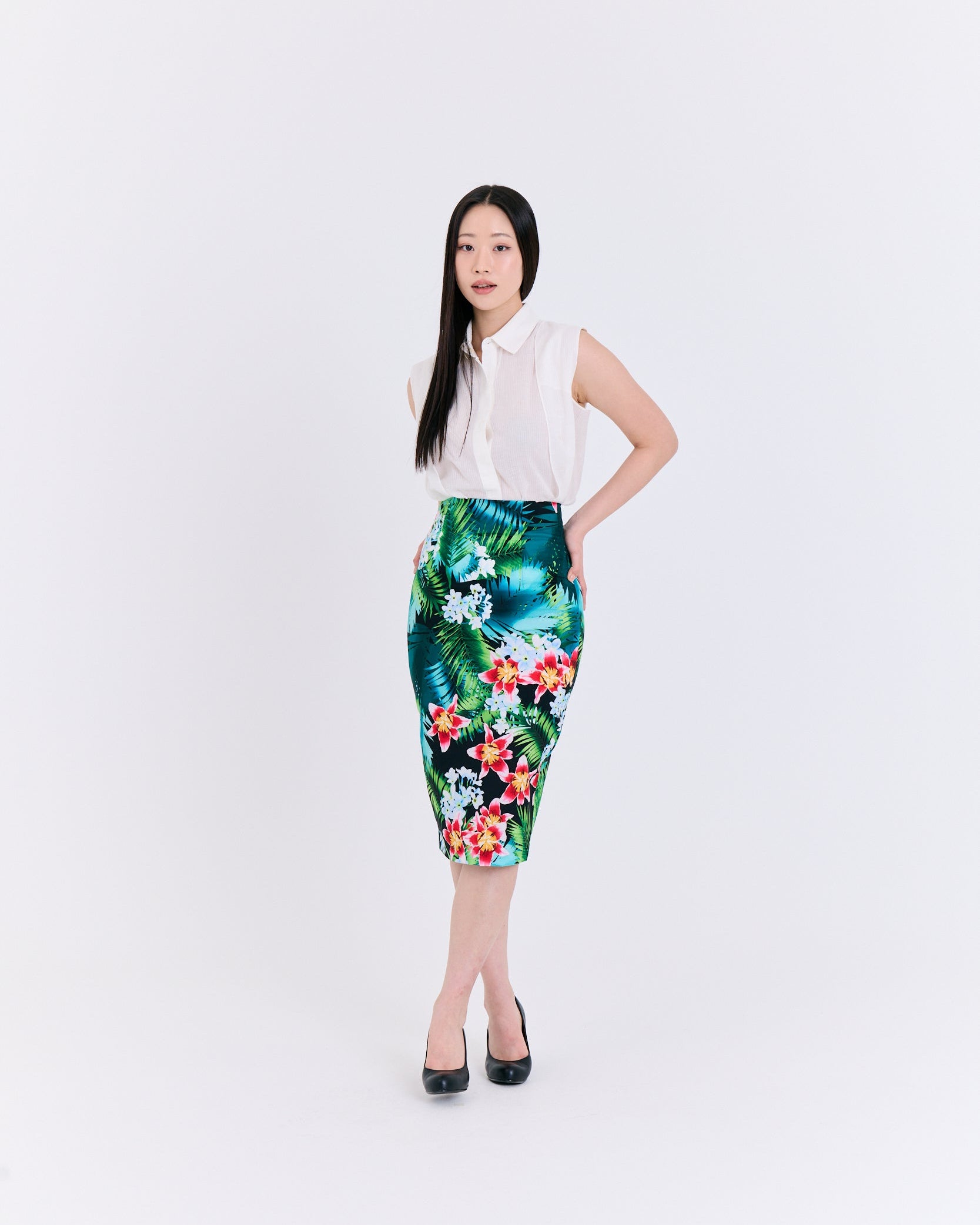 Tropical Emerald Floral Pencil Skirt