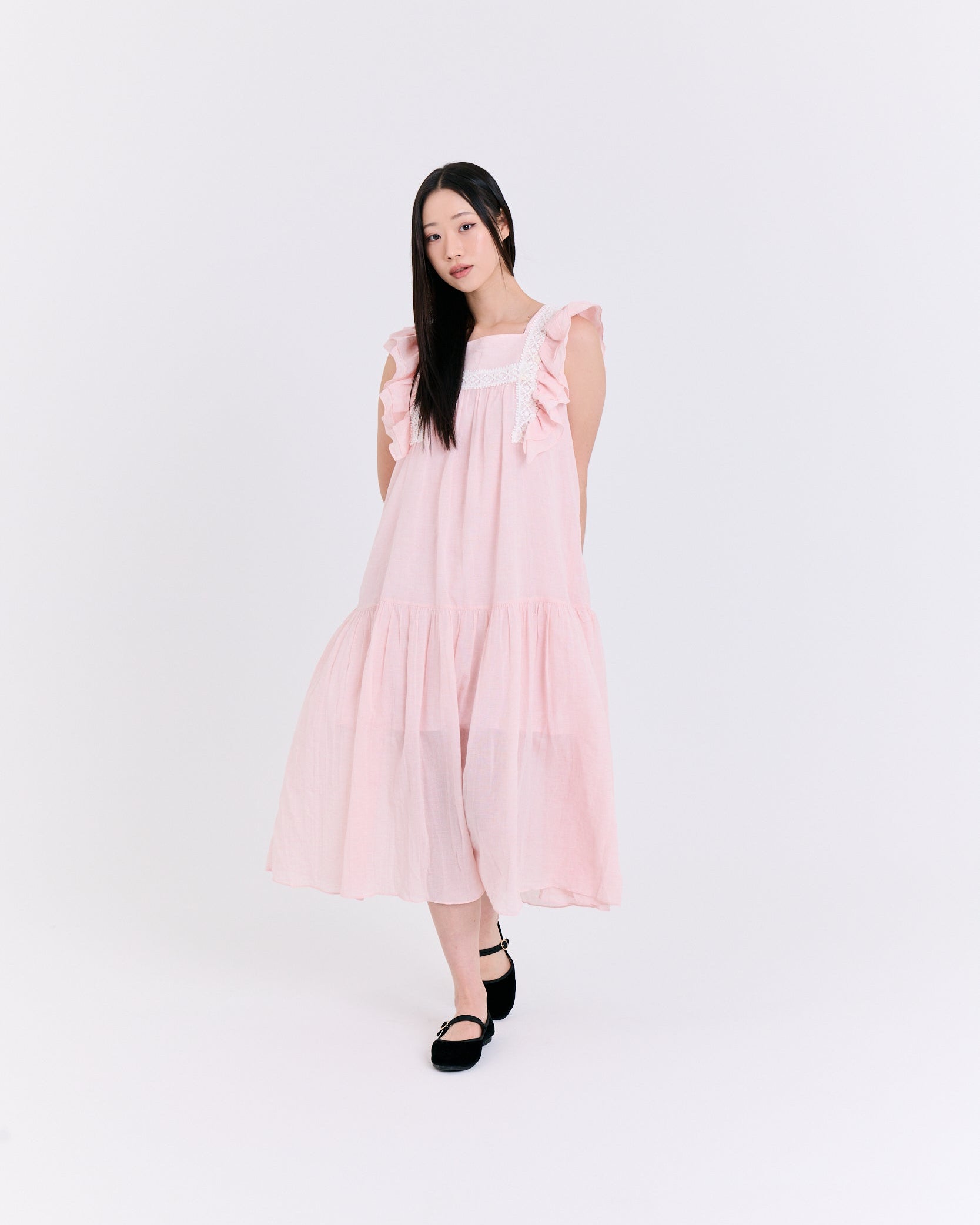 Peony Lace Ruffle Long Dress (Pink)