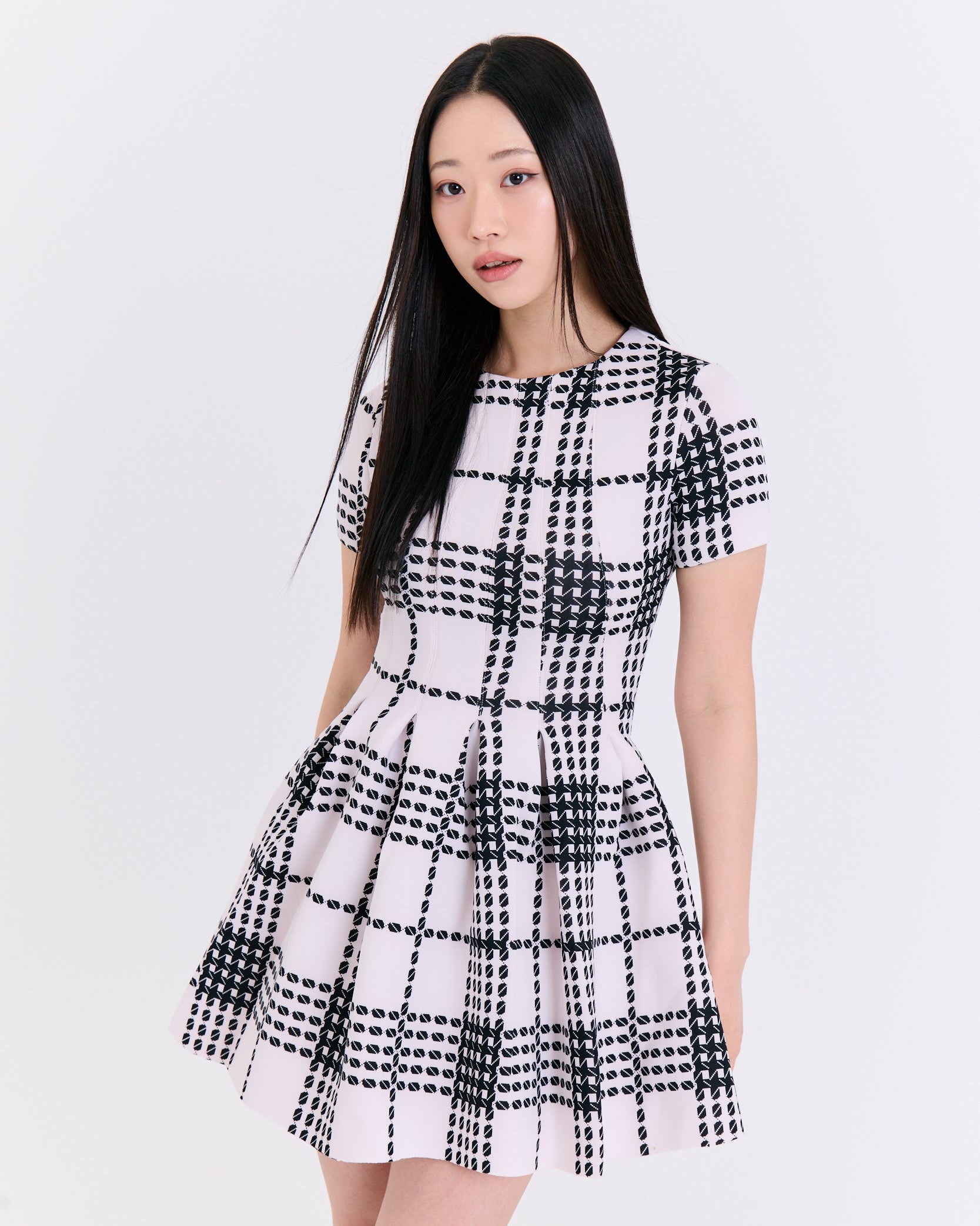 Monochrome Textured Check Fit & Flare Dress (Black/White)