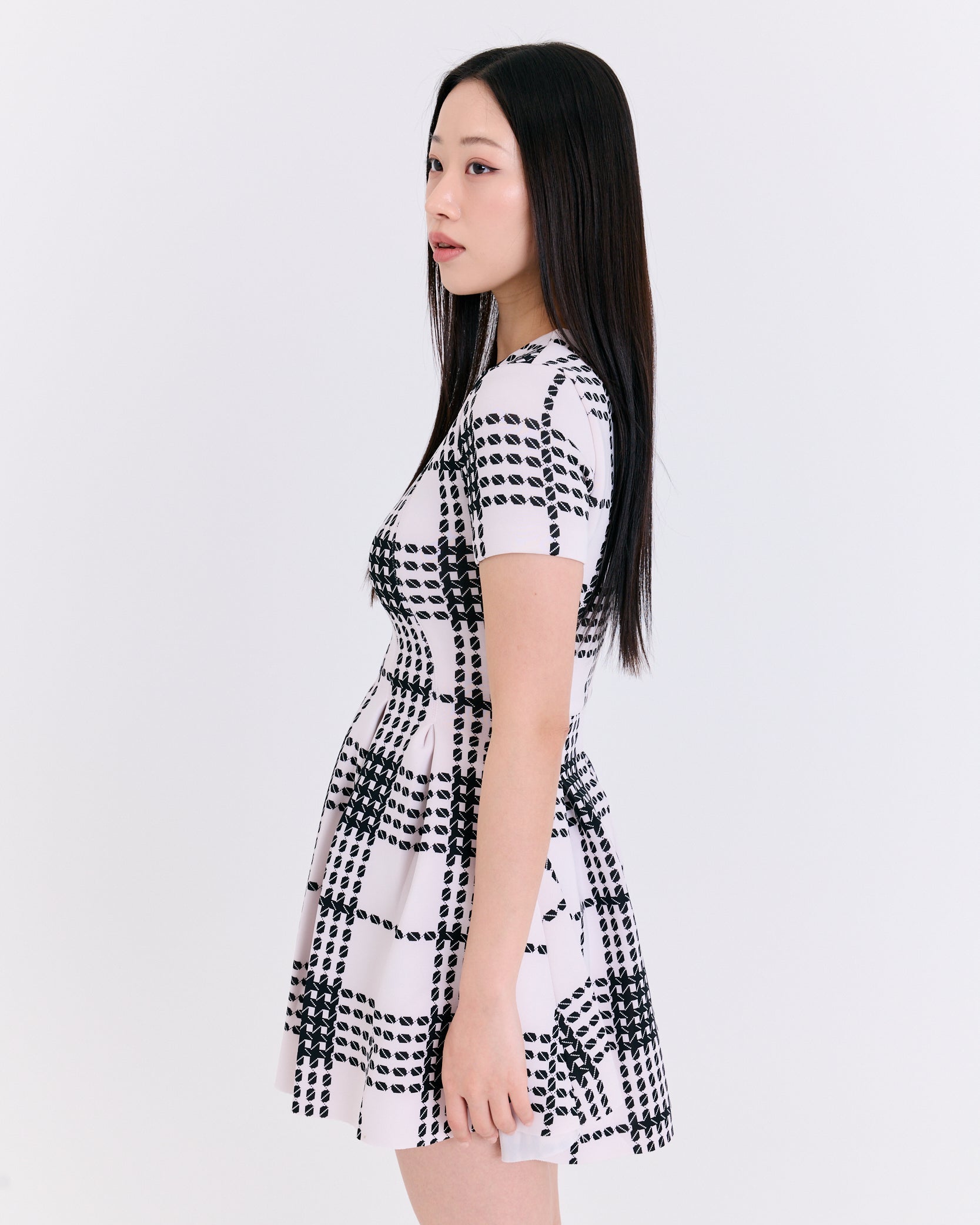 Monochrome Textured Check Fit & Flare Dress (Black/White)