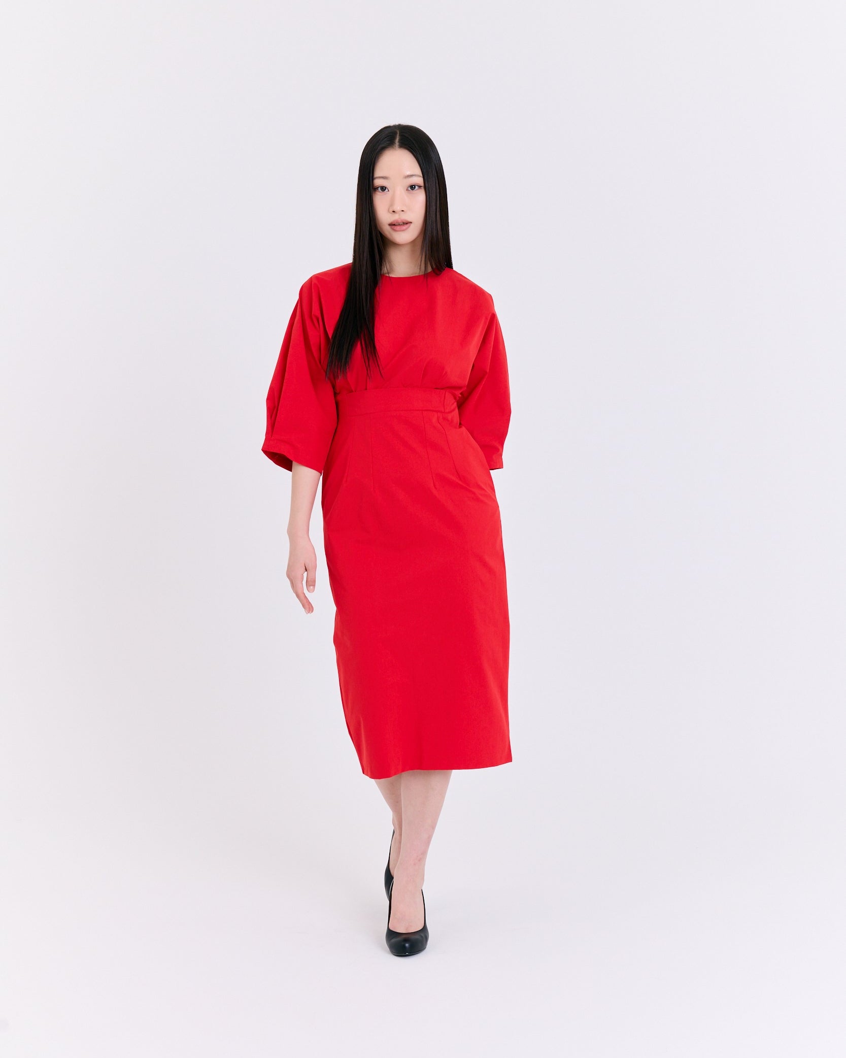 Radiant Red Structured Lantern-Sleeve Dress (Red)