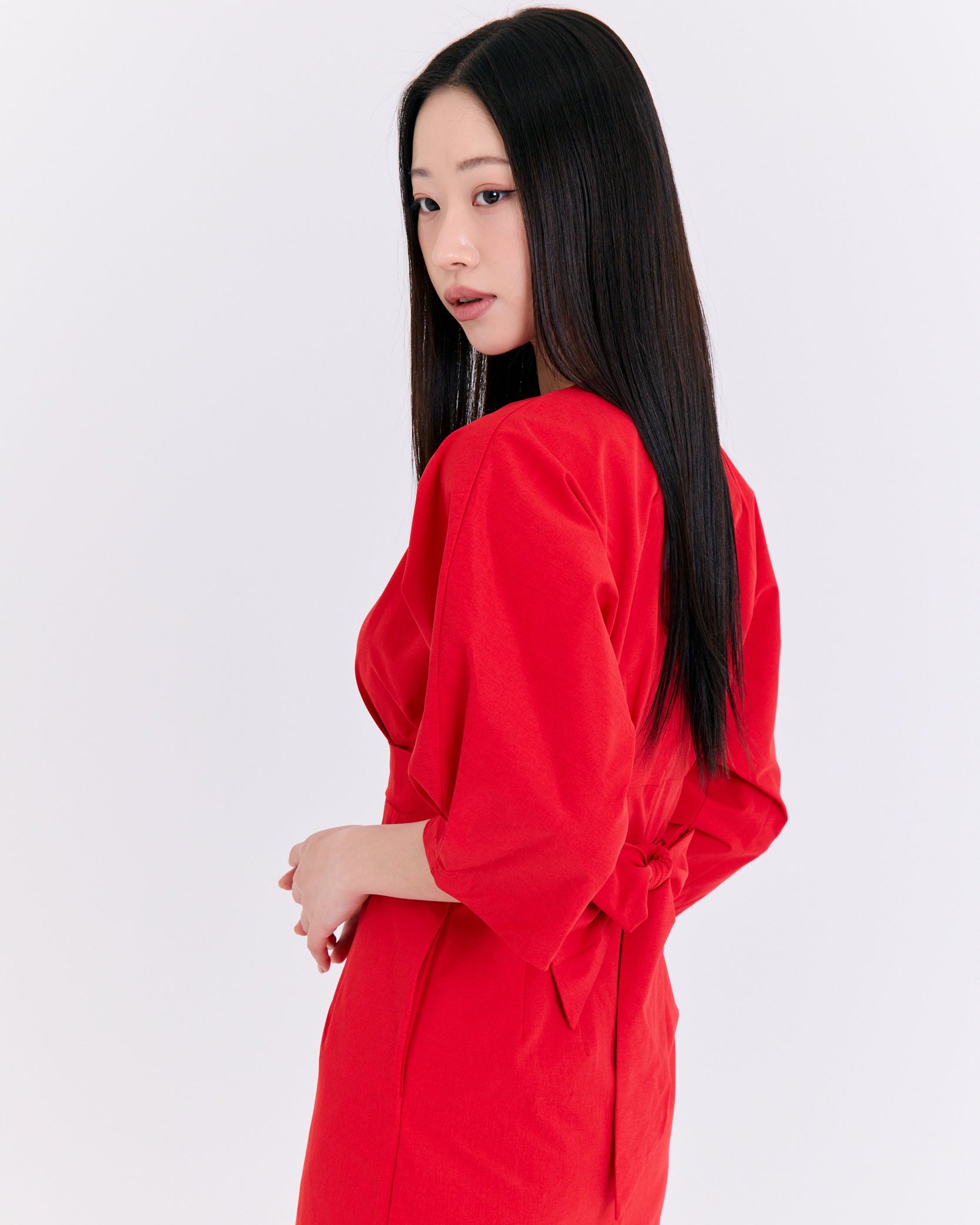 Radiant Red Structured Lantern-Sleeve Dress (Red)