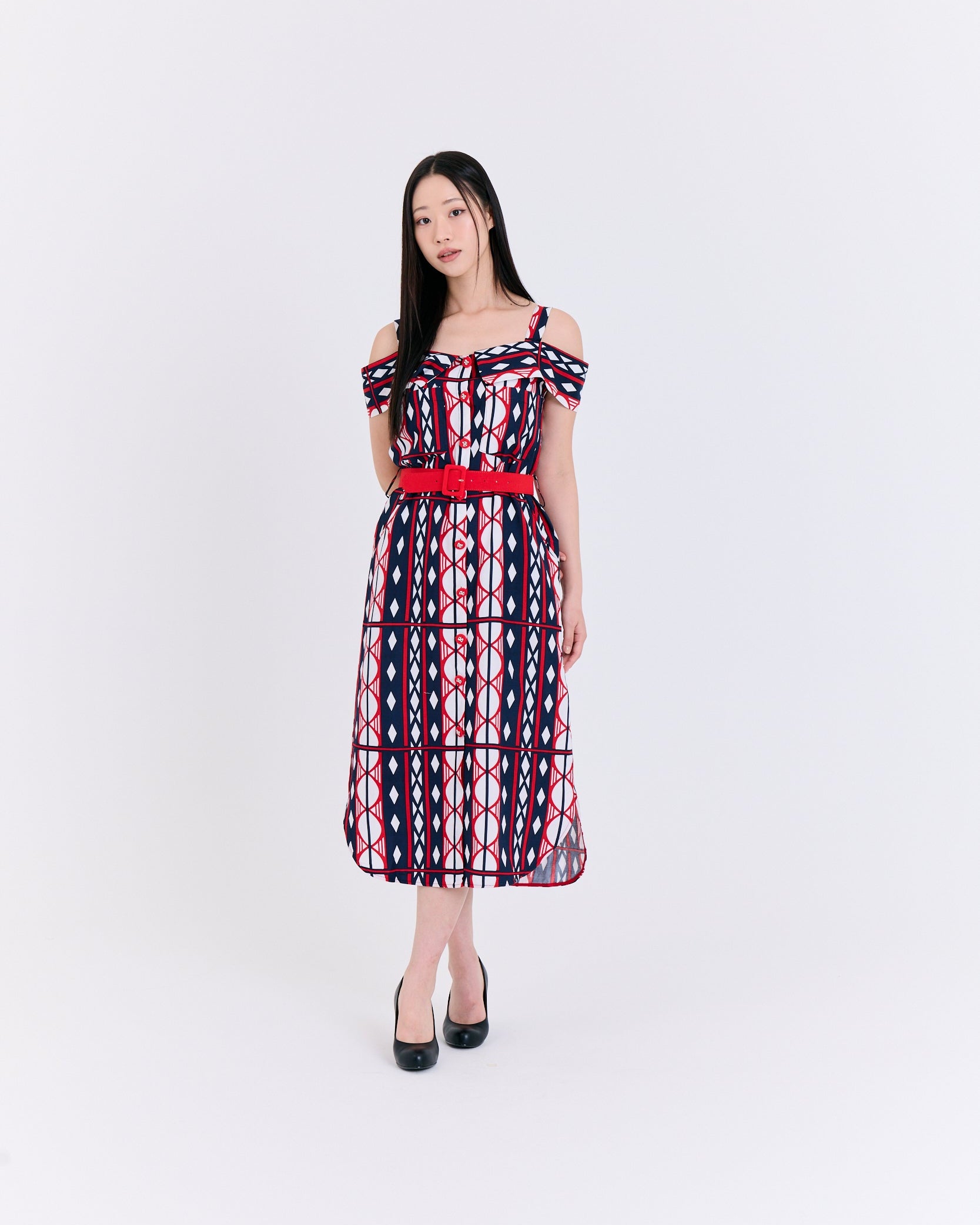 Geometric Red Belt Cold-Shoulder Dress