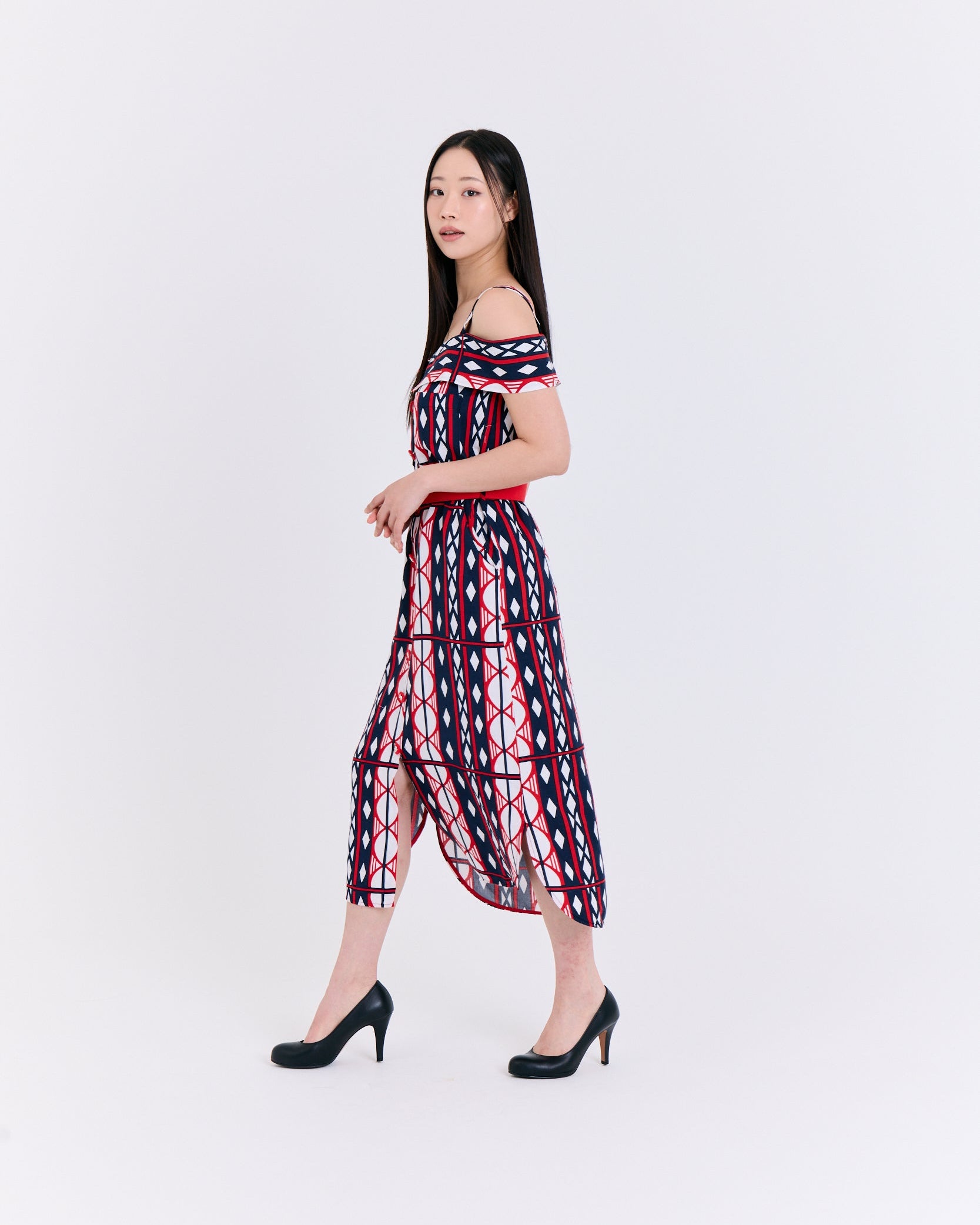 Geometric Red Belt Cold-Shoulder Dress