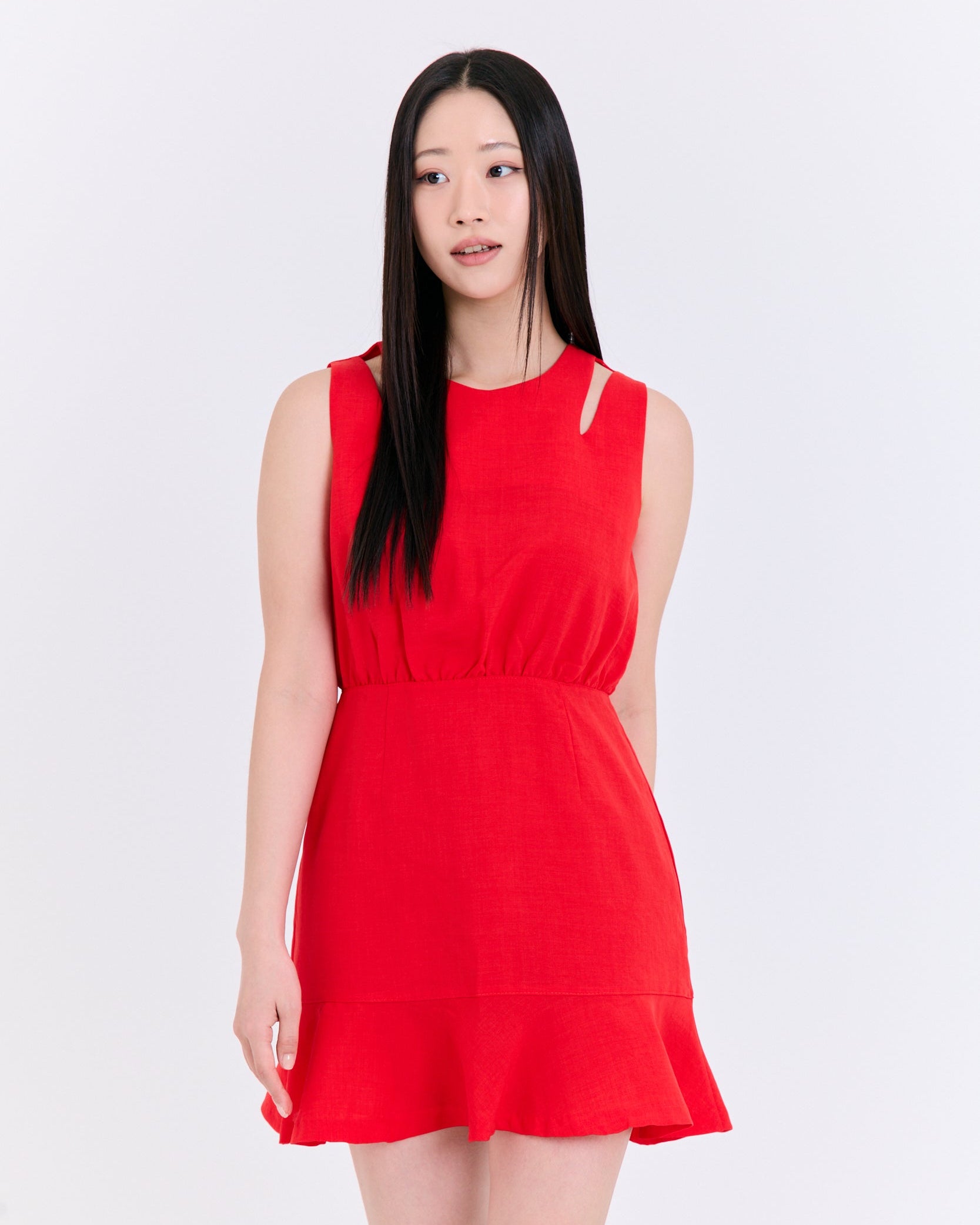 Scarlet Shoulder Cutout Flounce Dress (Scarlet Red)