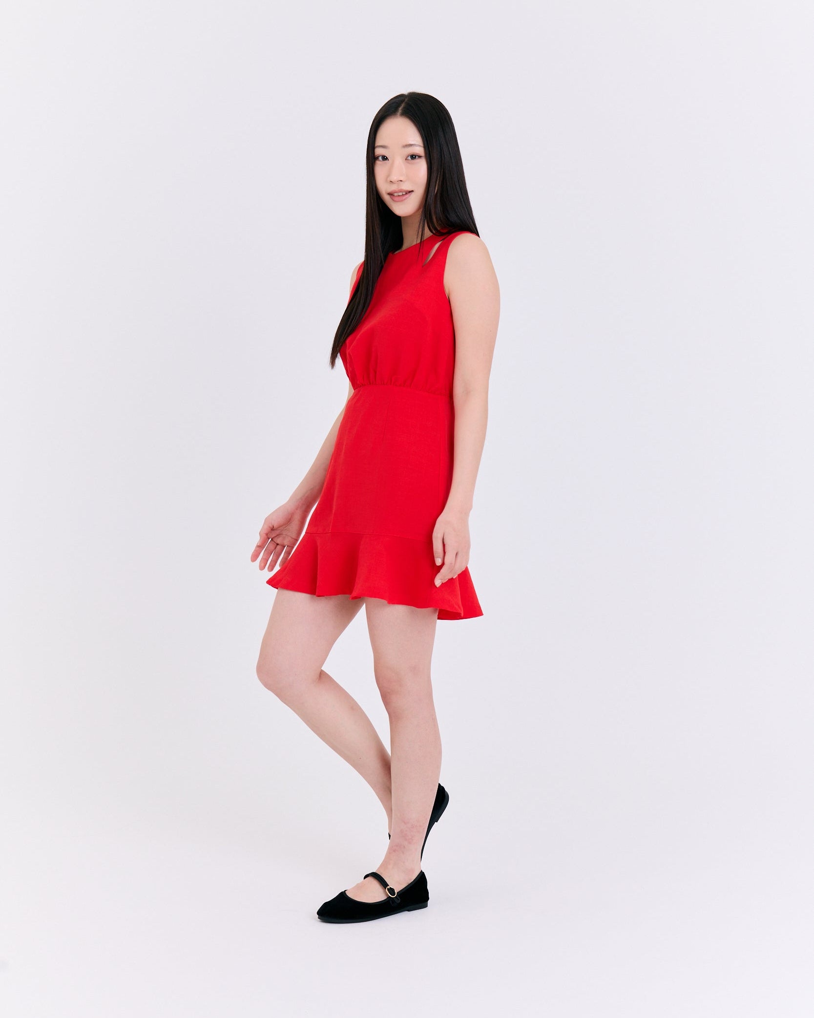 Scarlet Shoulder Cutout Flounce Dress (Scarlet Red)