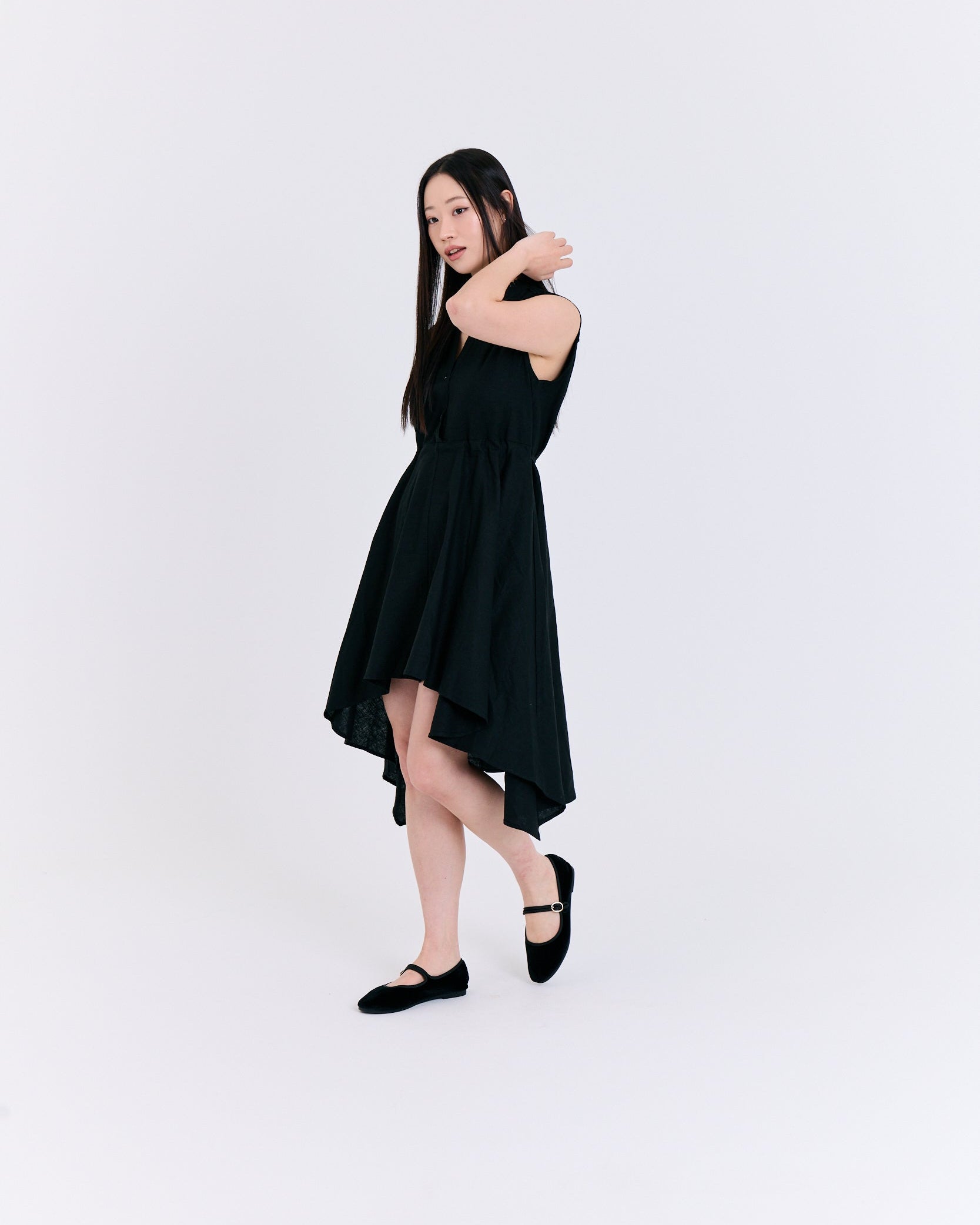 Midnight Asymmetric Hem Sleeveless Dress (Black)