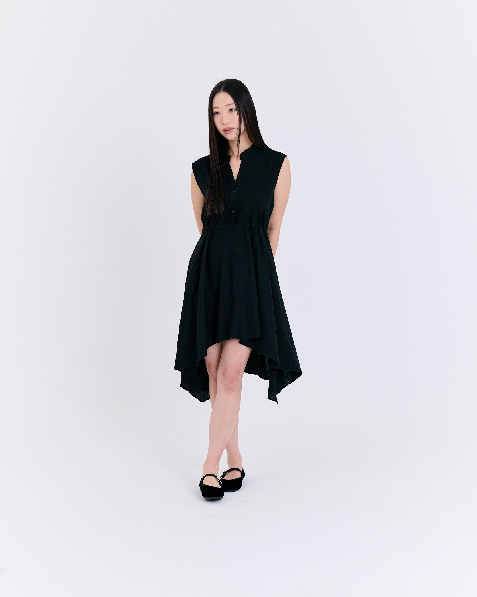 Midnight Asymmetric Hem Sleeveless Dress (Black)