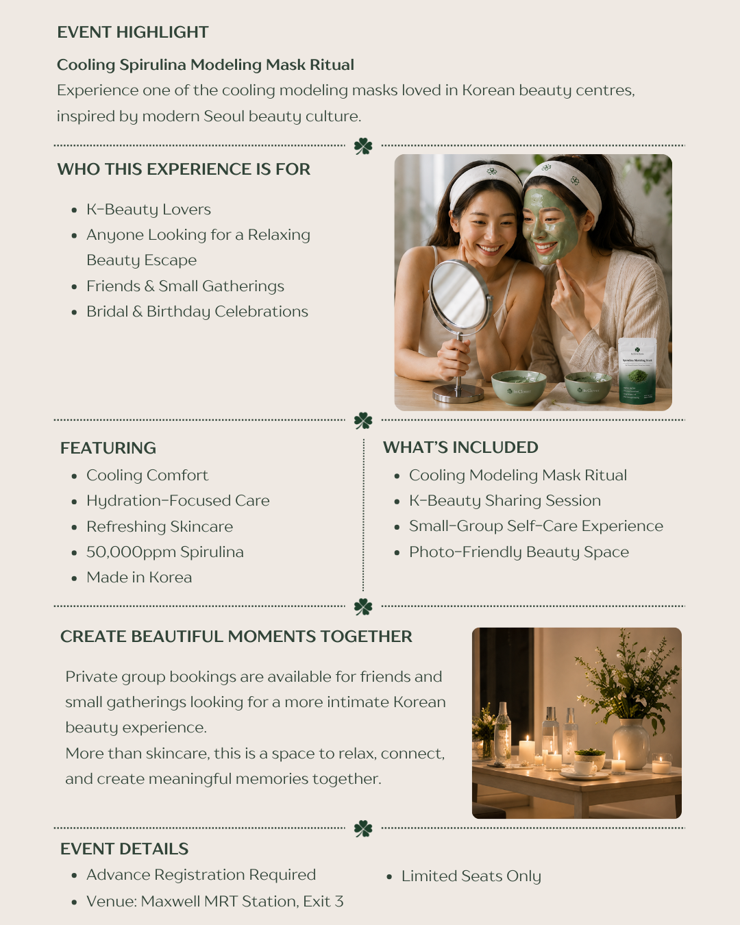 a cooling spirulina modeling mask ritual event with two women applying masks.