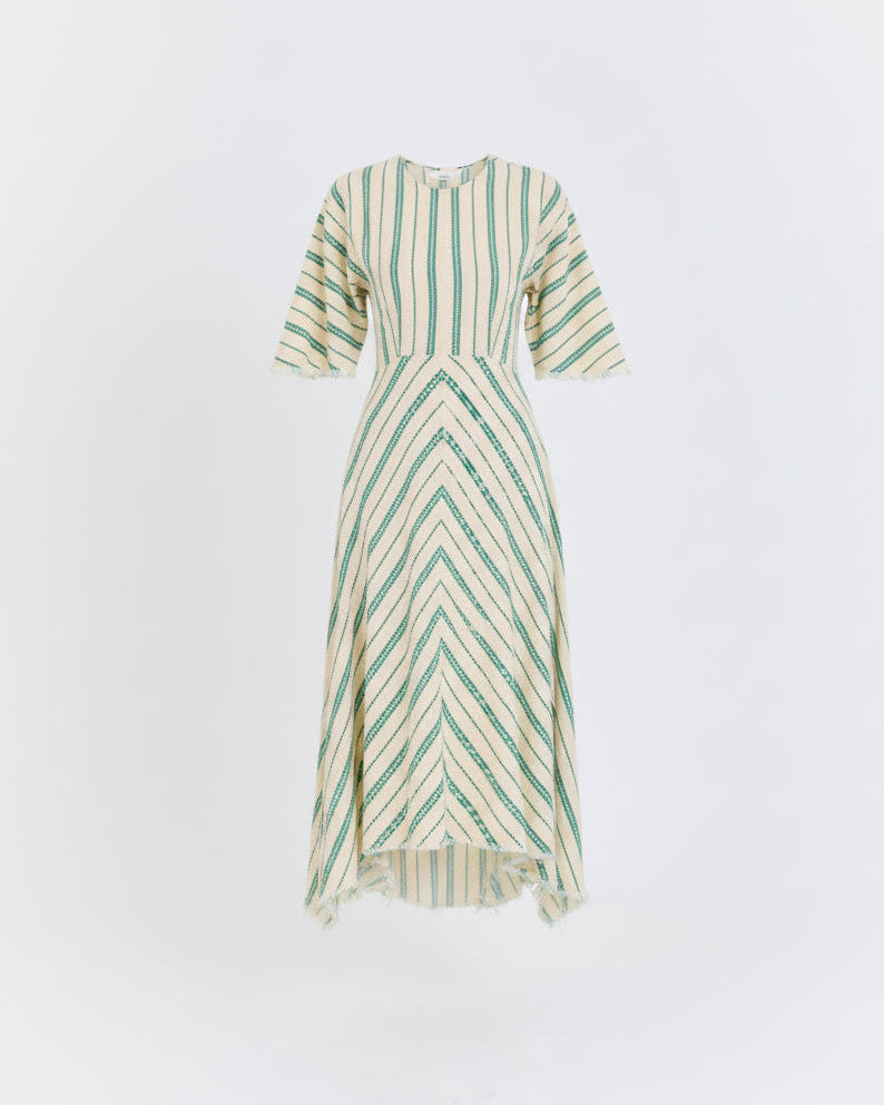 Striped dress with green and beige pattern on a white background