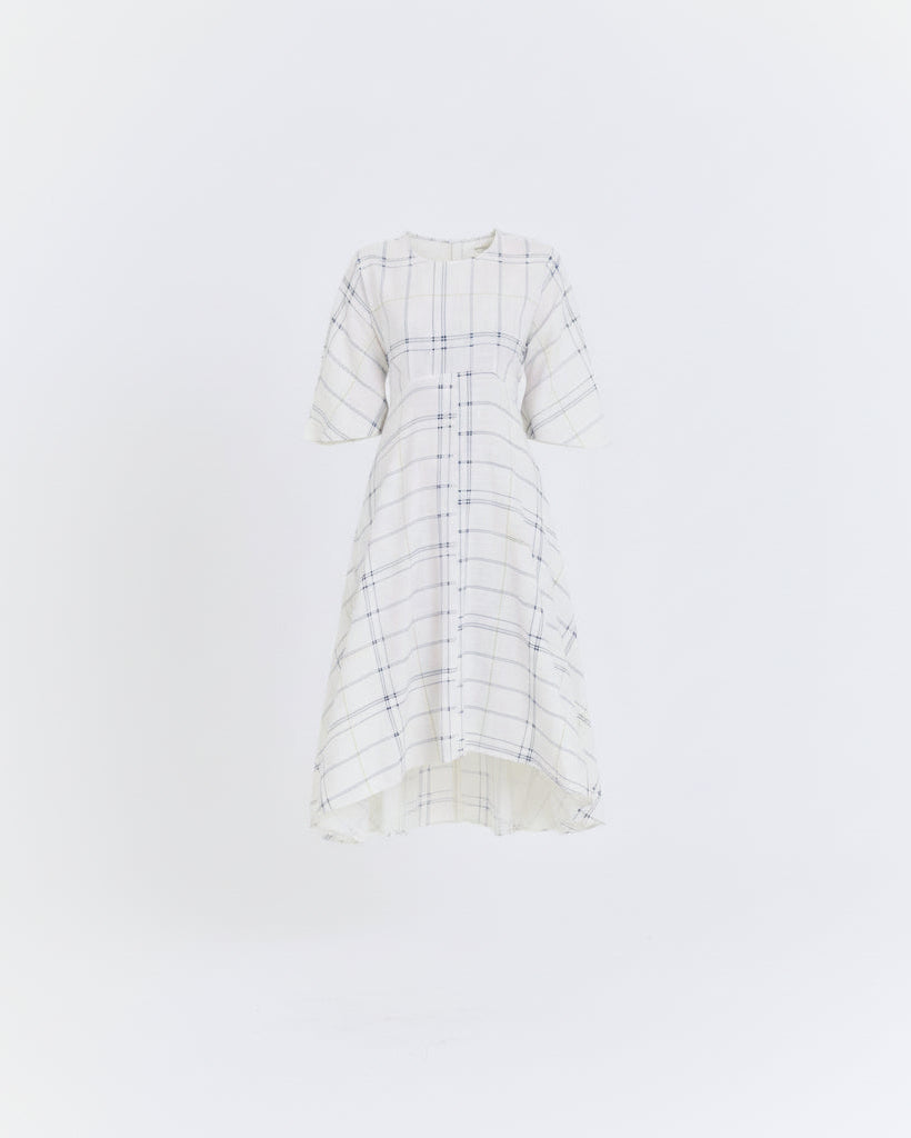 Natural Linen Windowpane Plaid Dress with Back Tie