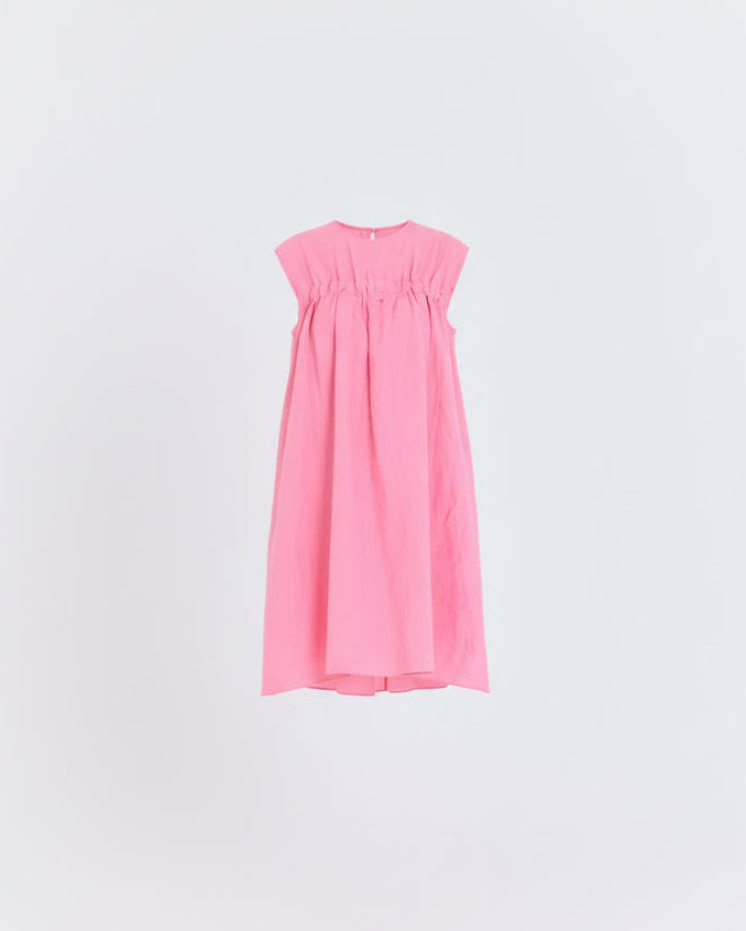 Vibrant Pink Linen Shirred Dress (Pink)