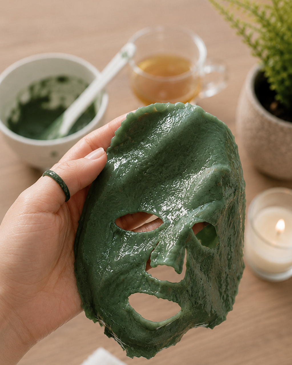 Hand holding a green face mask over a wooden table with a candle and plant in the background.