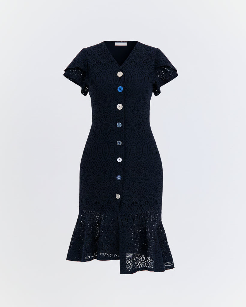 Graceful Lace Button-Down Mermaid Dress (Navy)