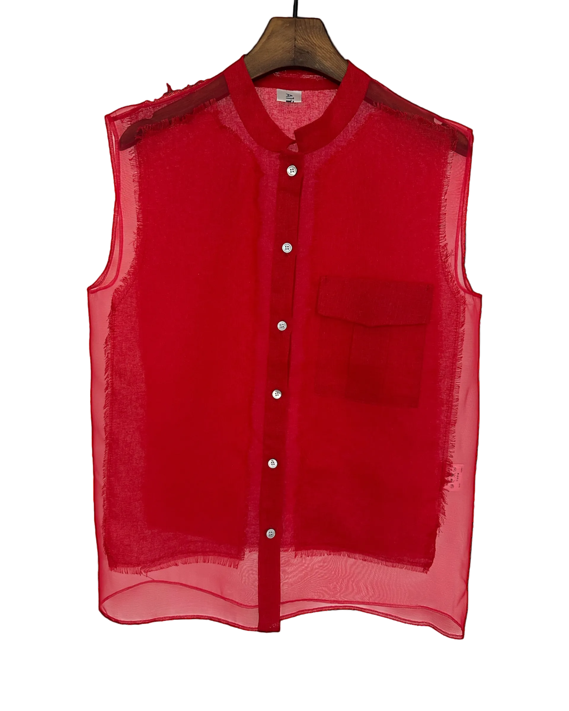 Red sheer vest on a hanger against a white background