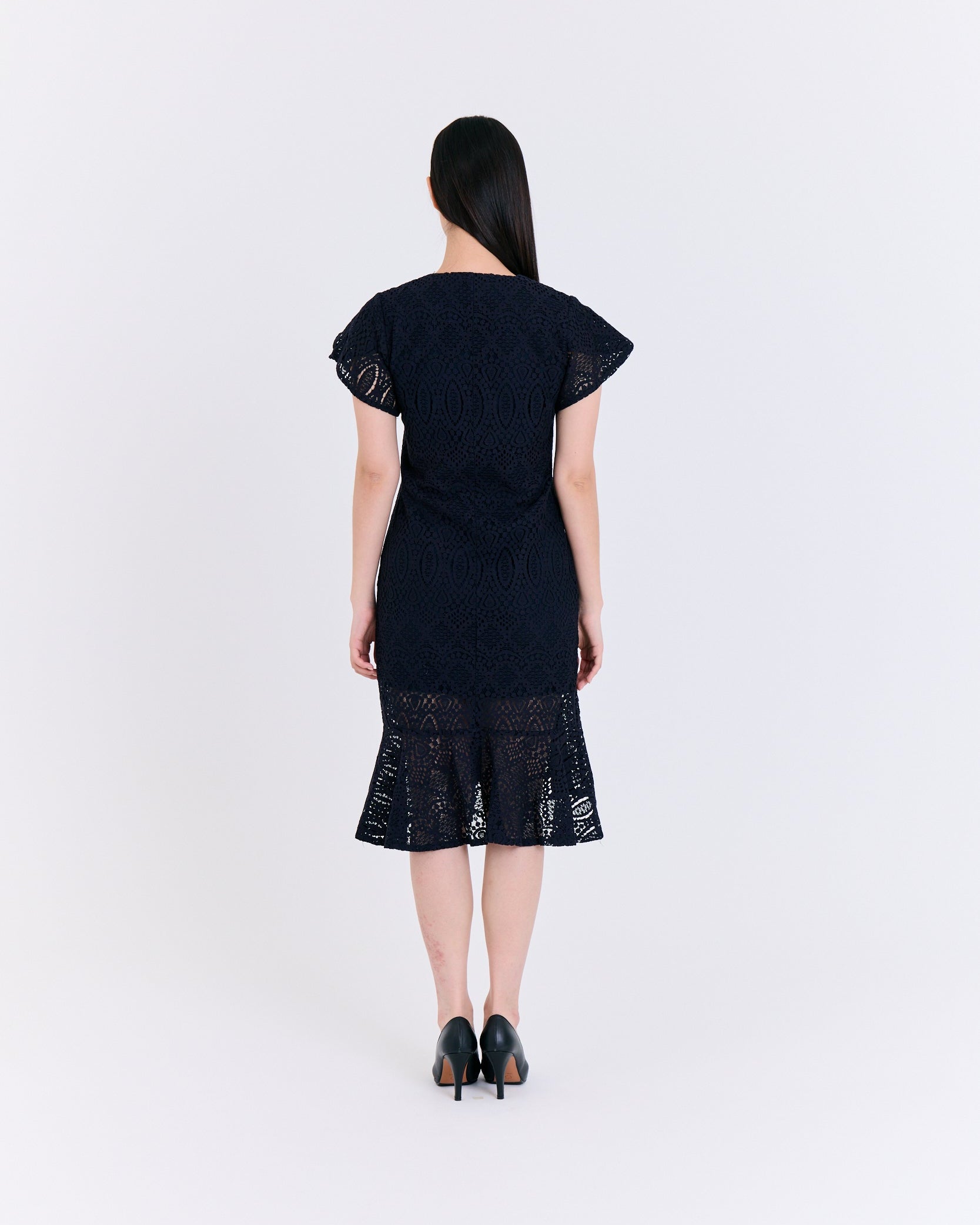 Graceful Lace Button-Down Mermaid Dress (Navy)