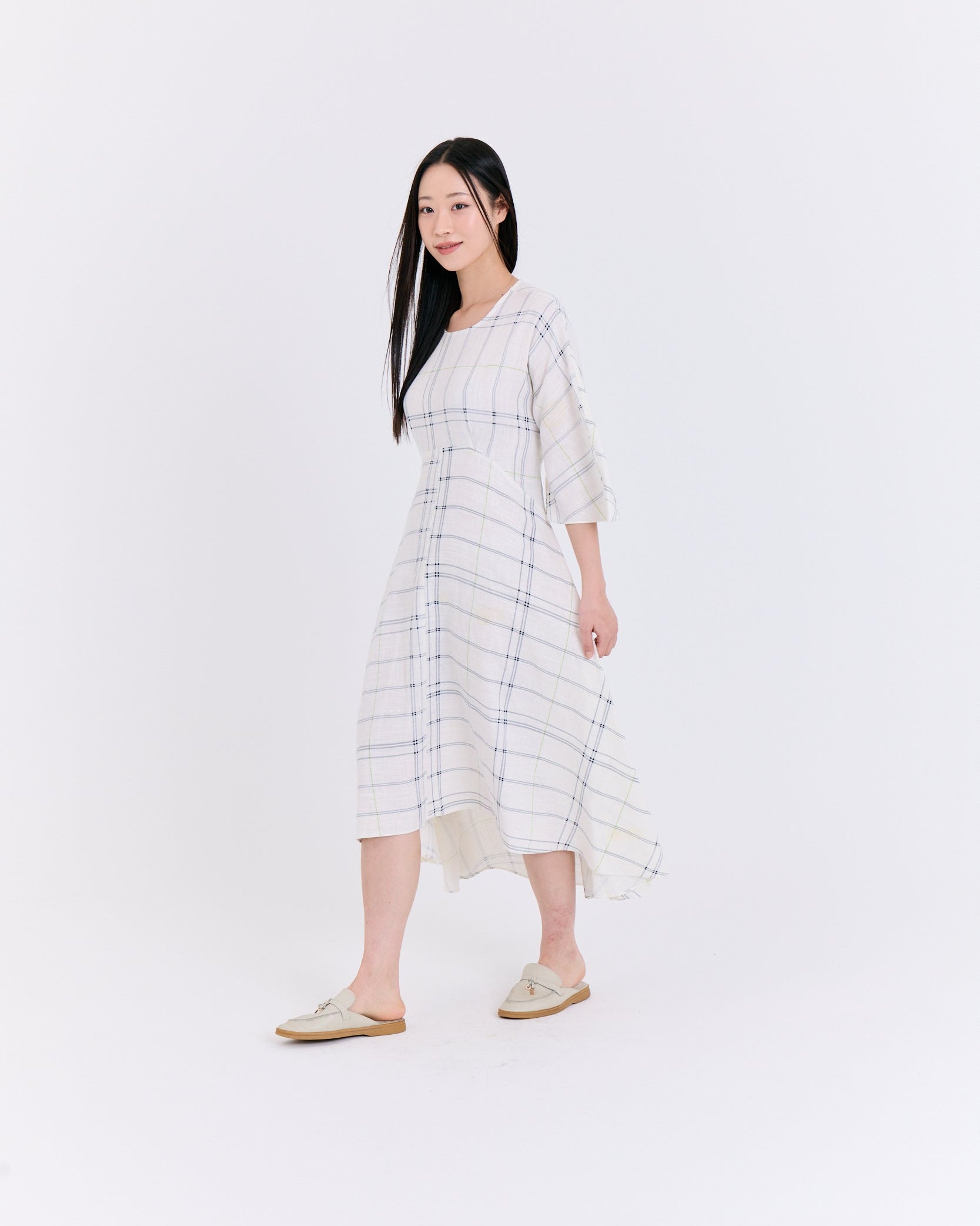 Natural Linen Windowpane Plaid Dress with Back Tie