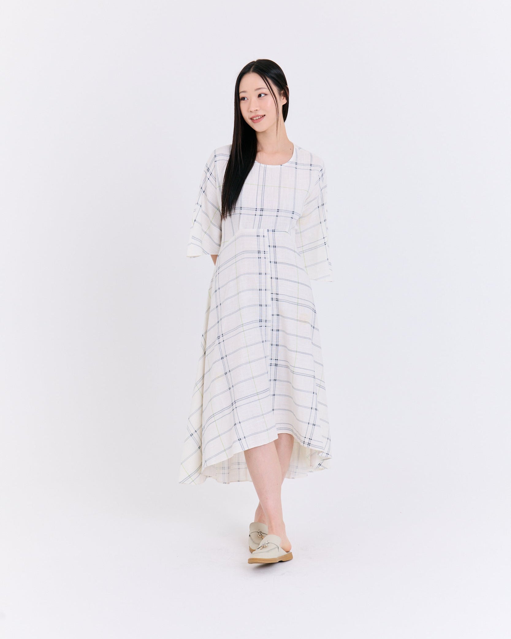 Natural Linen Windowpane Plaid Dress with Back Tie