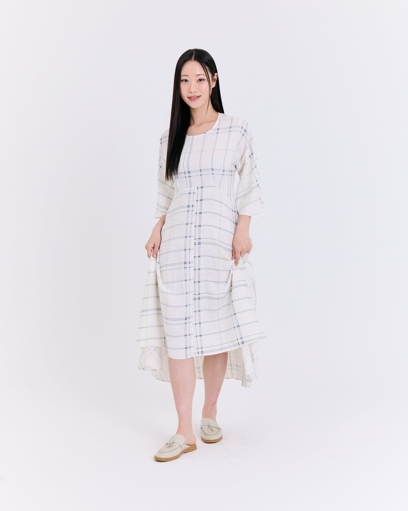 Natural Linen Windowpane Plaid Dress with Back Tie