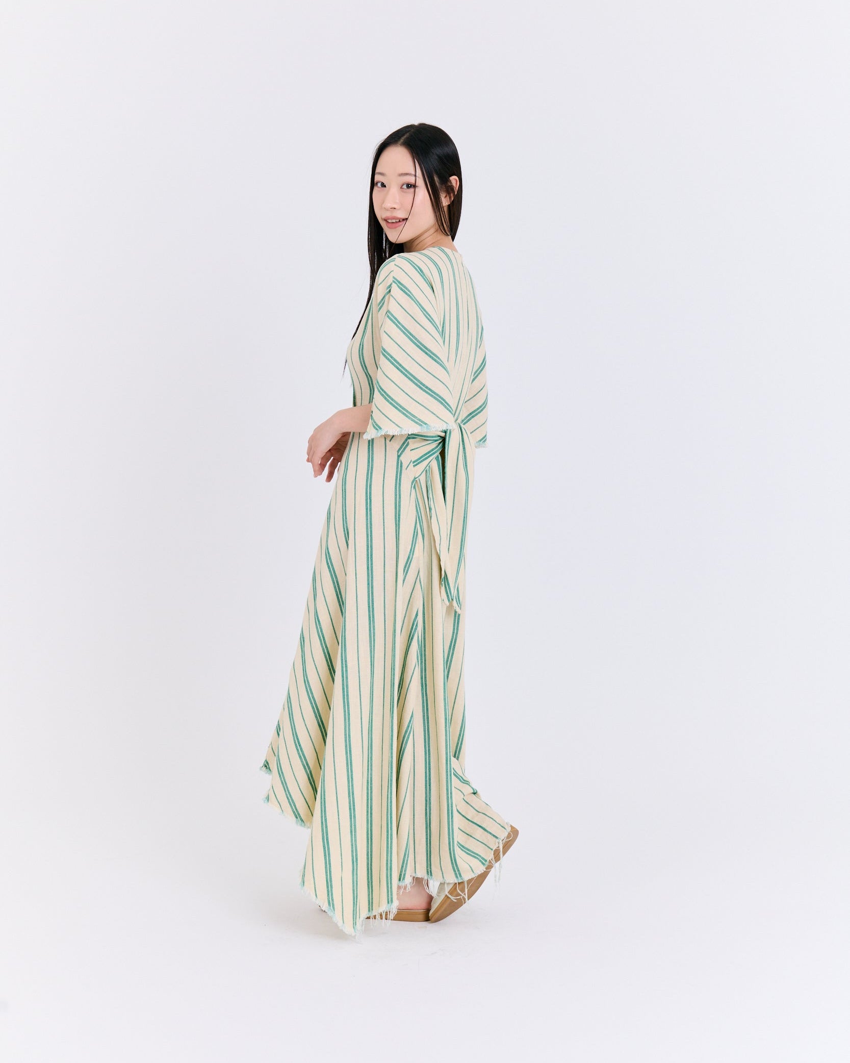 Sage Green Stripe Chevron Asymmetric High-Low Dress