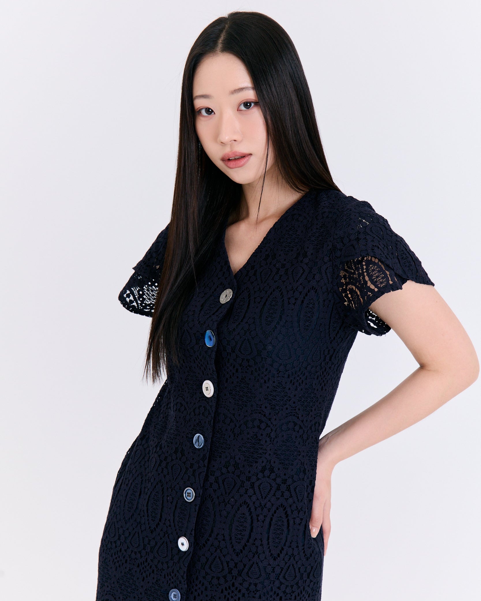 Graceful Lace Button-Down Mermaid Dress (Navy)